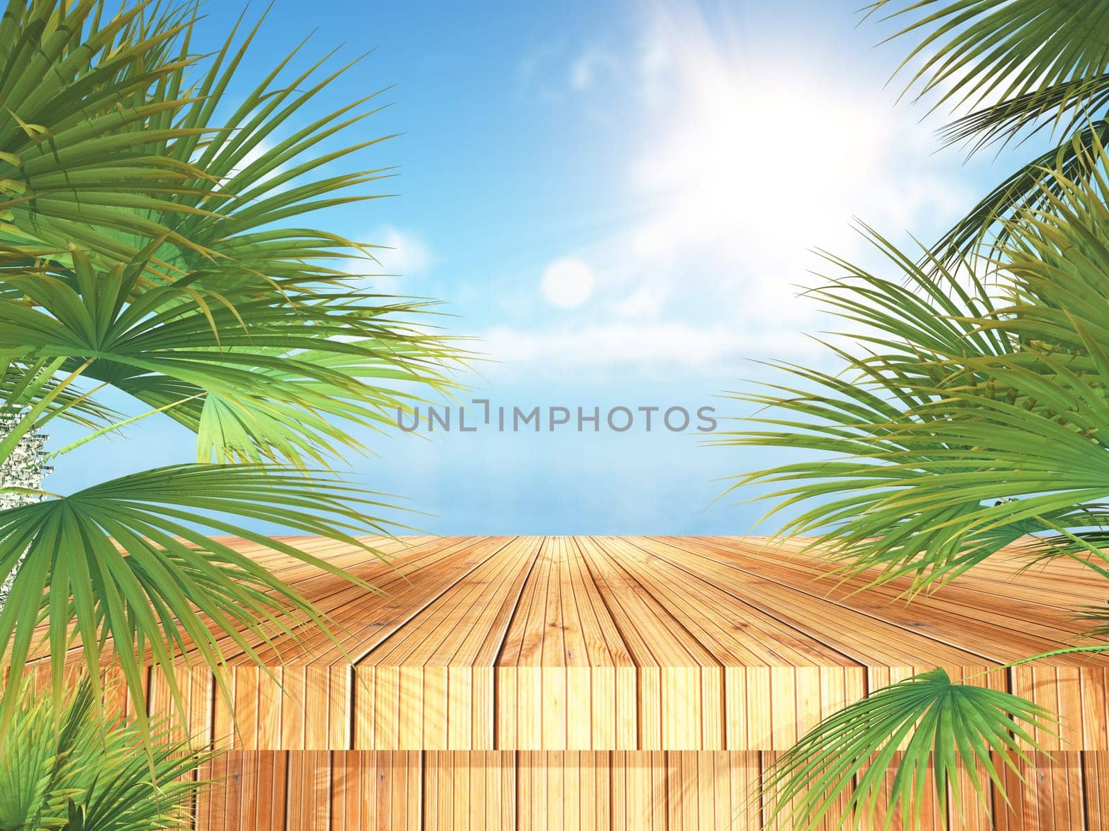 3D render of a tropical landscape with wooden table and palm trees looking out to the ocean