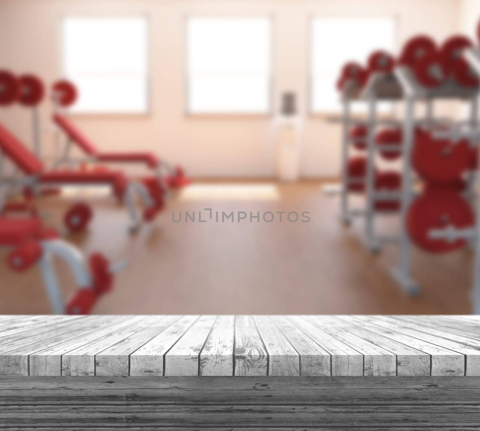 3D render of a white wooden table looking out to a defocussed gym interior