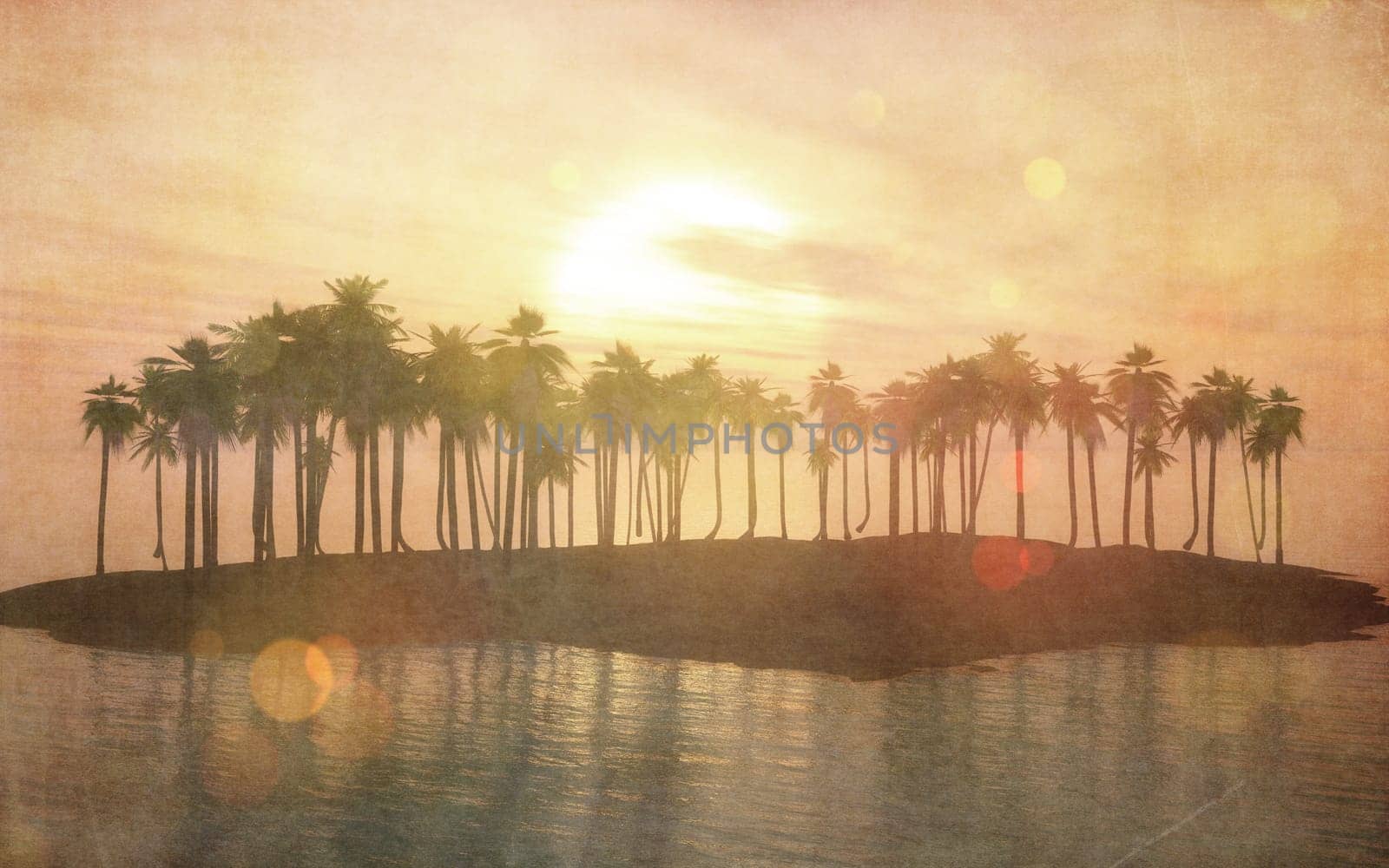 3D render of a vintage image of a tropical island