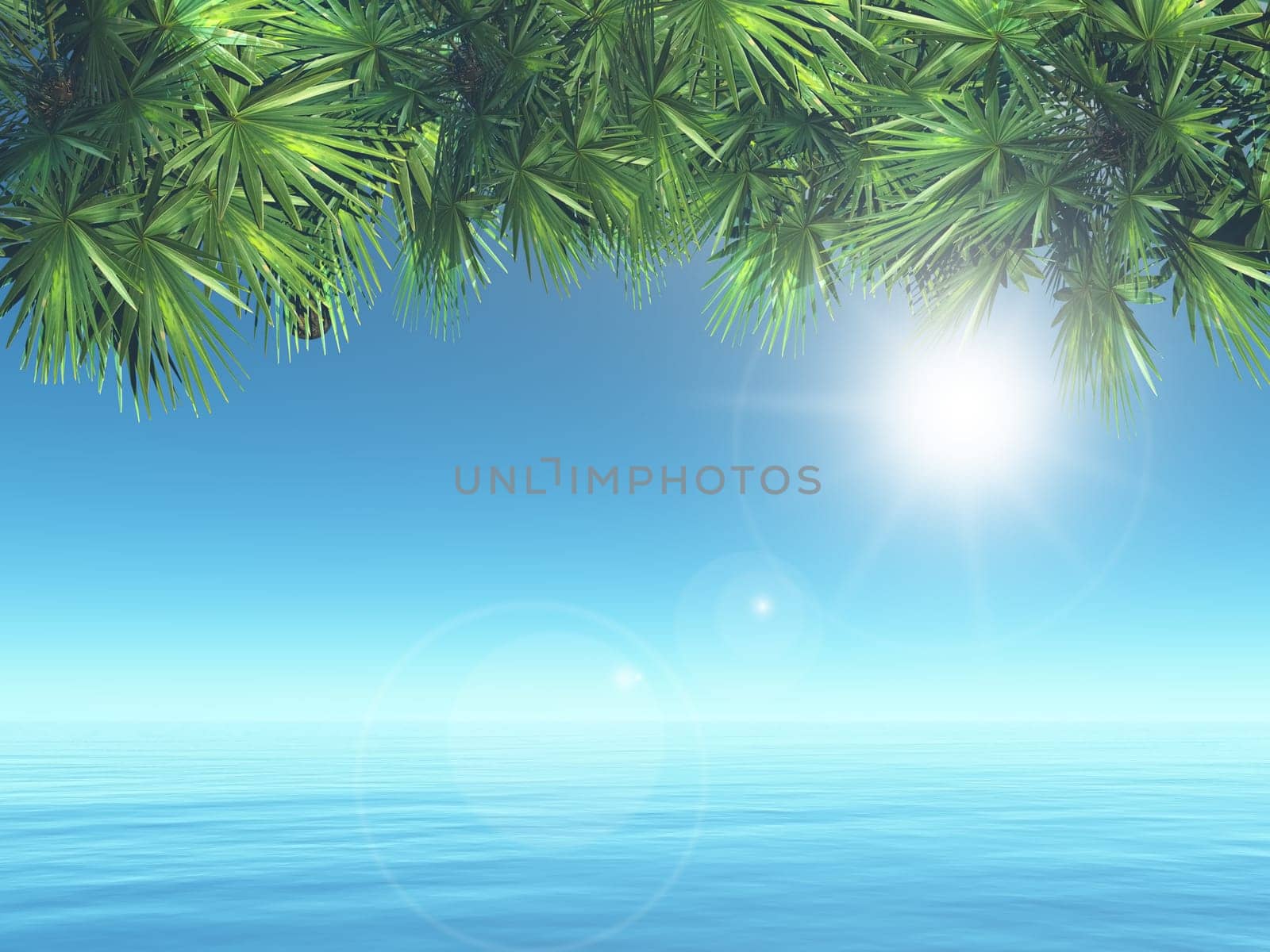 3D render of a tropical landscape with palm tree leaves over ocean