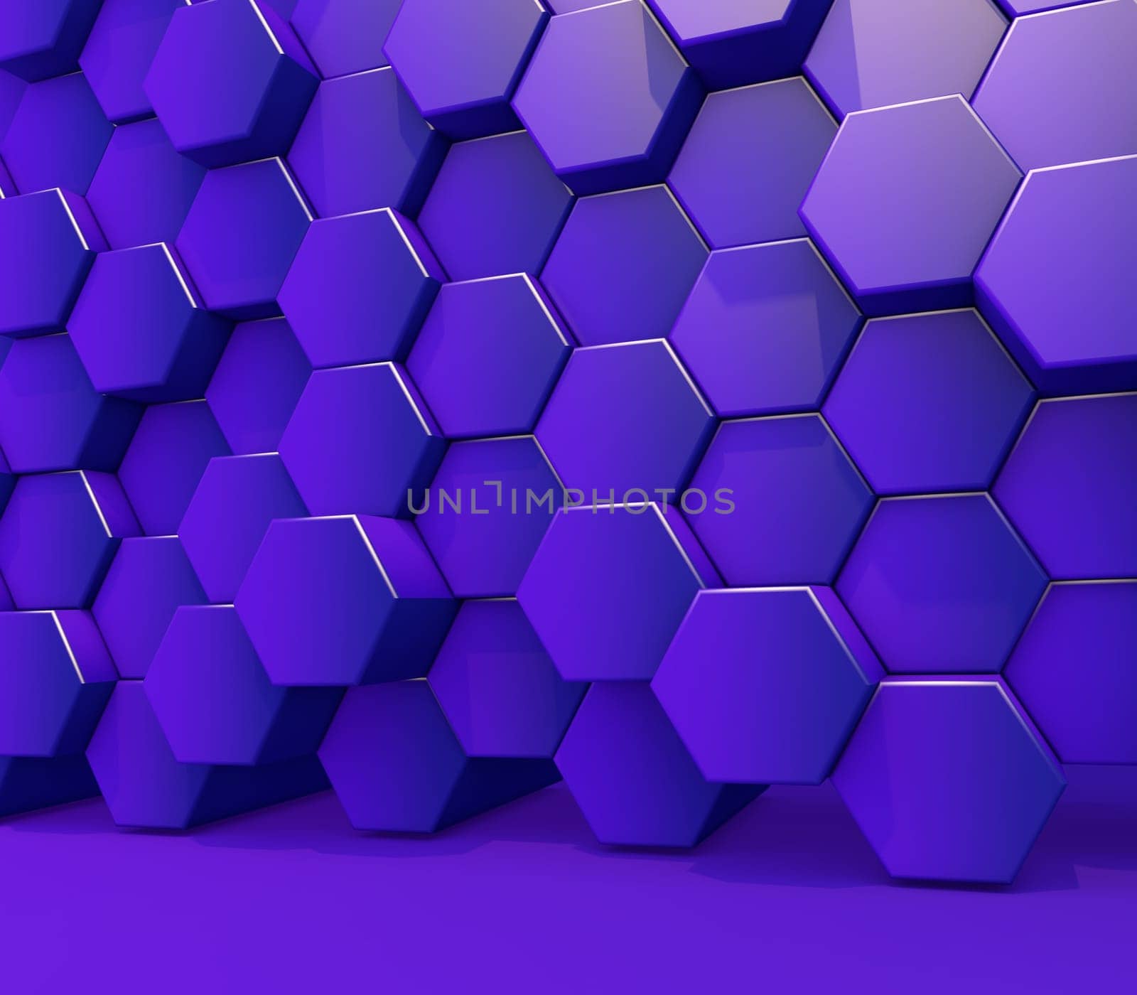 3D render of a wall of glossy purple extruding hexagon shapes