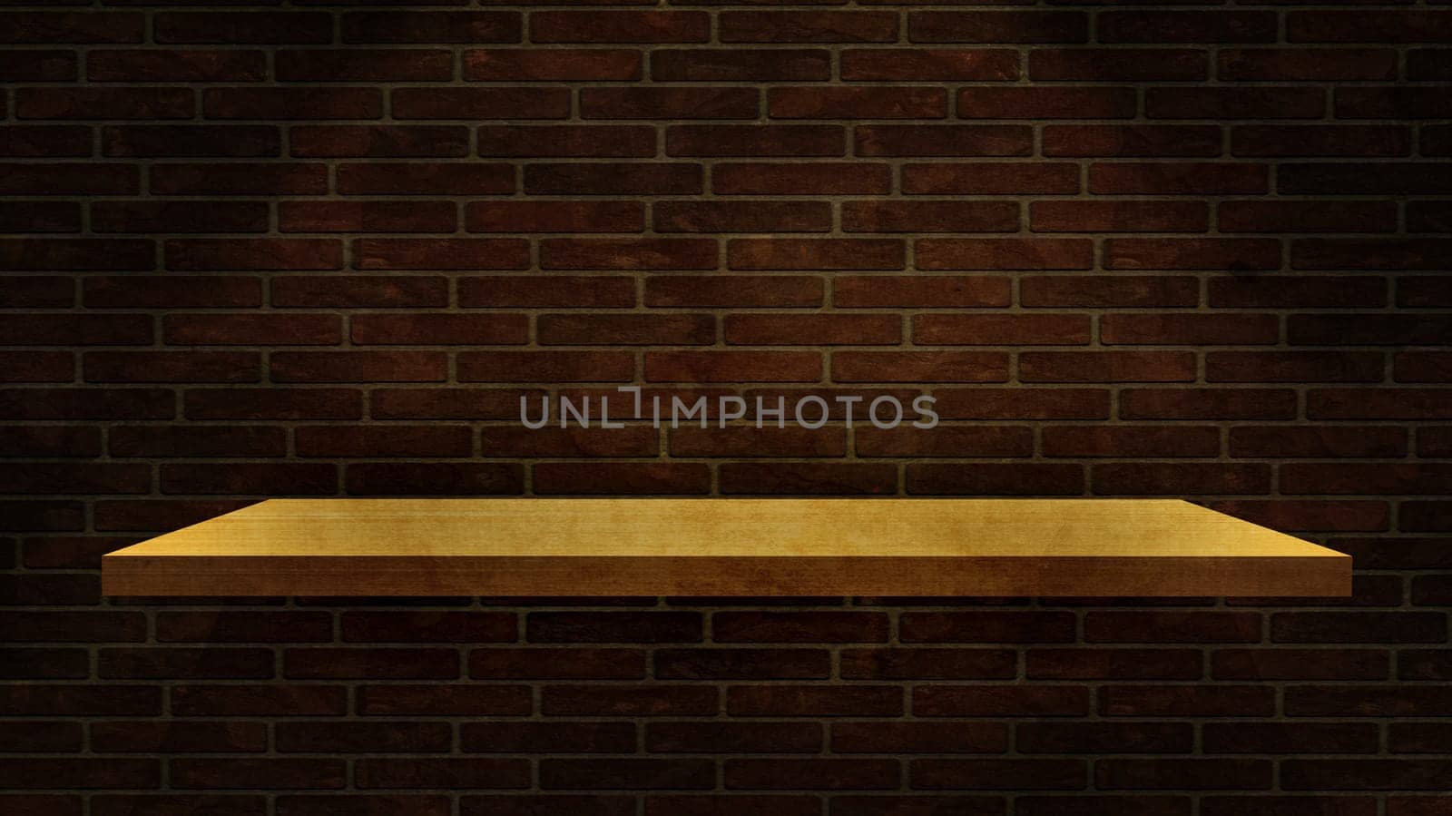 3D render of a wood shelf on a grunge brick wall