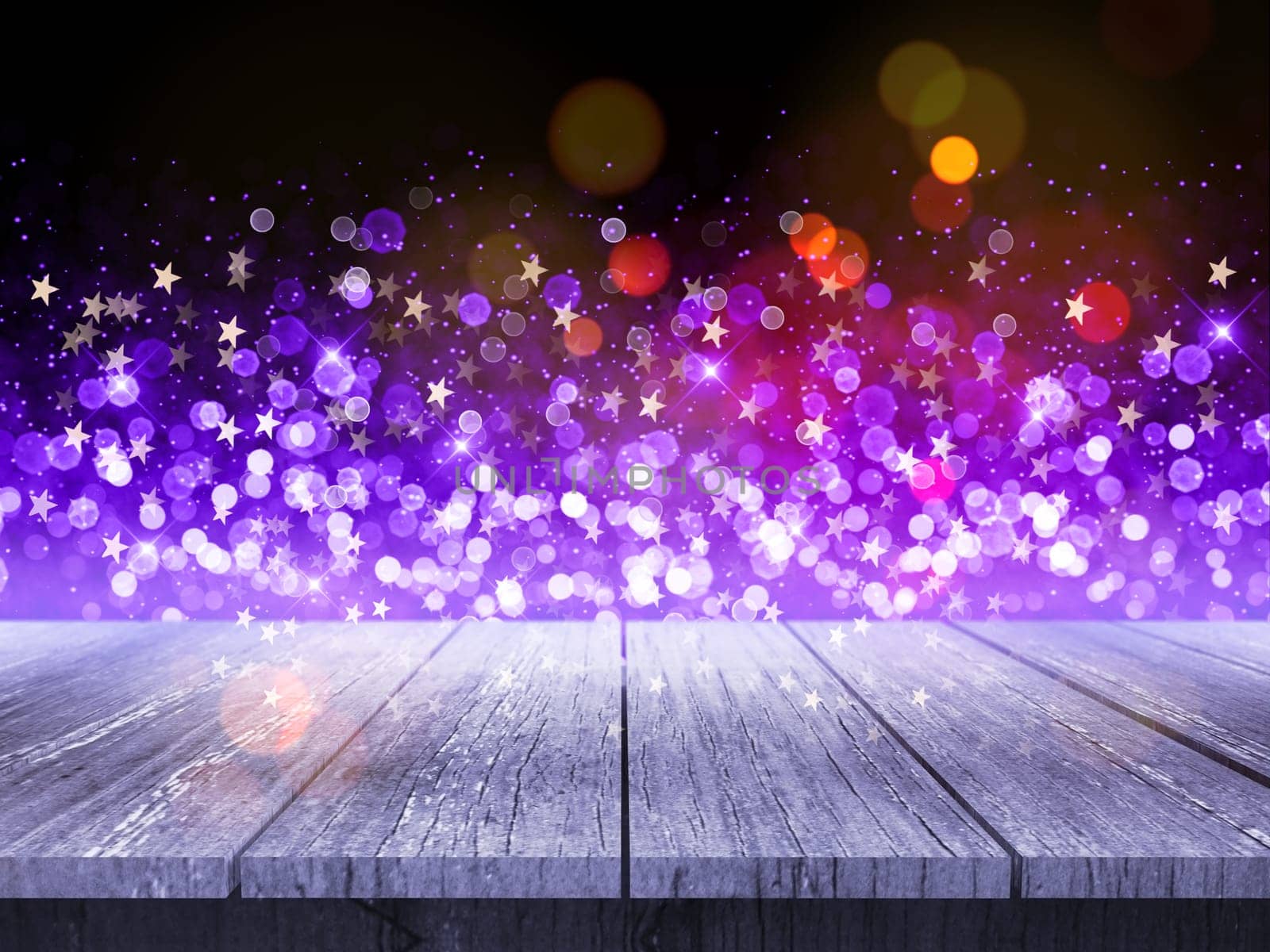 3D render of a wooden table against Christmas background of bokeh lights and stars