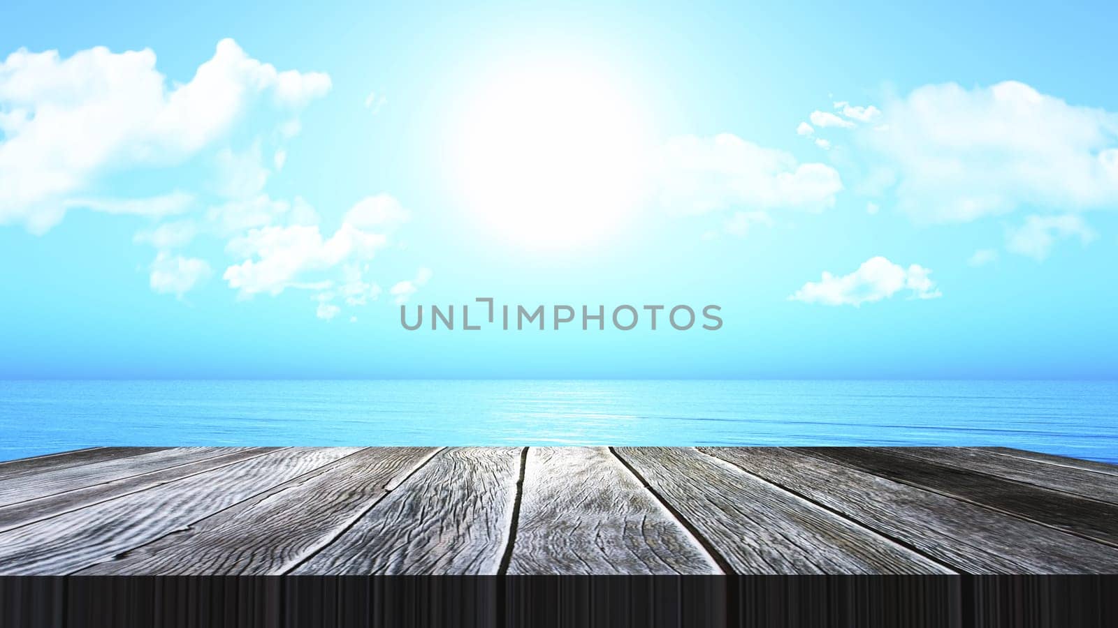 3D render of a vintage wooden table looking out to an ocean landscape