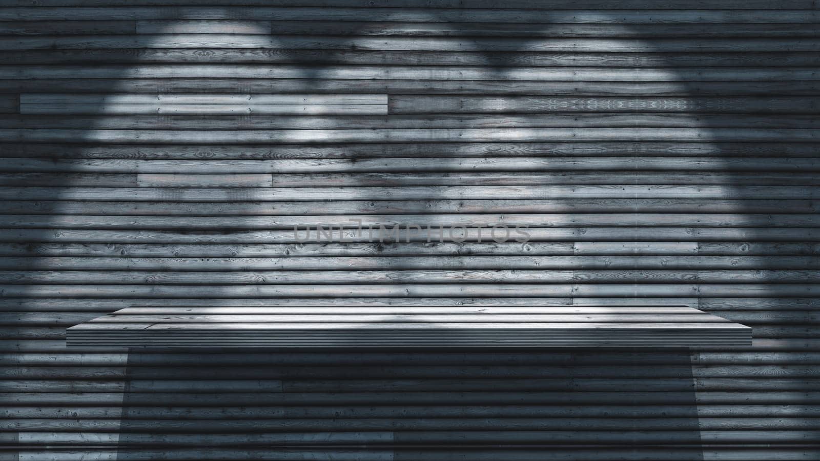 3D render of a wooden shelf on wood wall with spotlights shining down