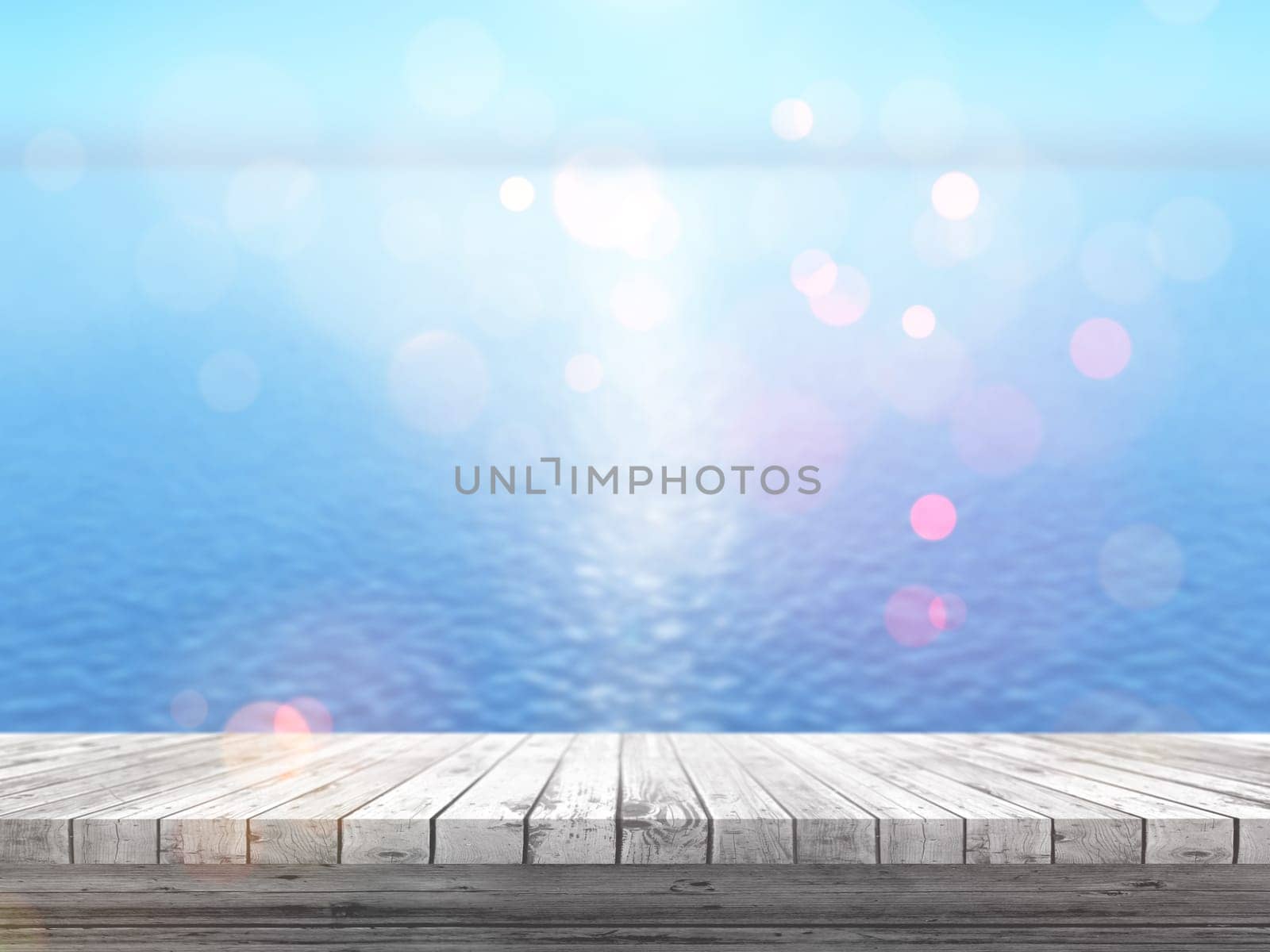 3D render of a wooden table looking out to a blue ocean