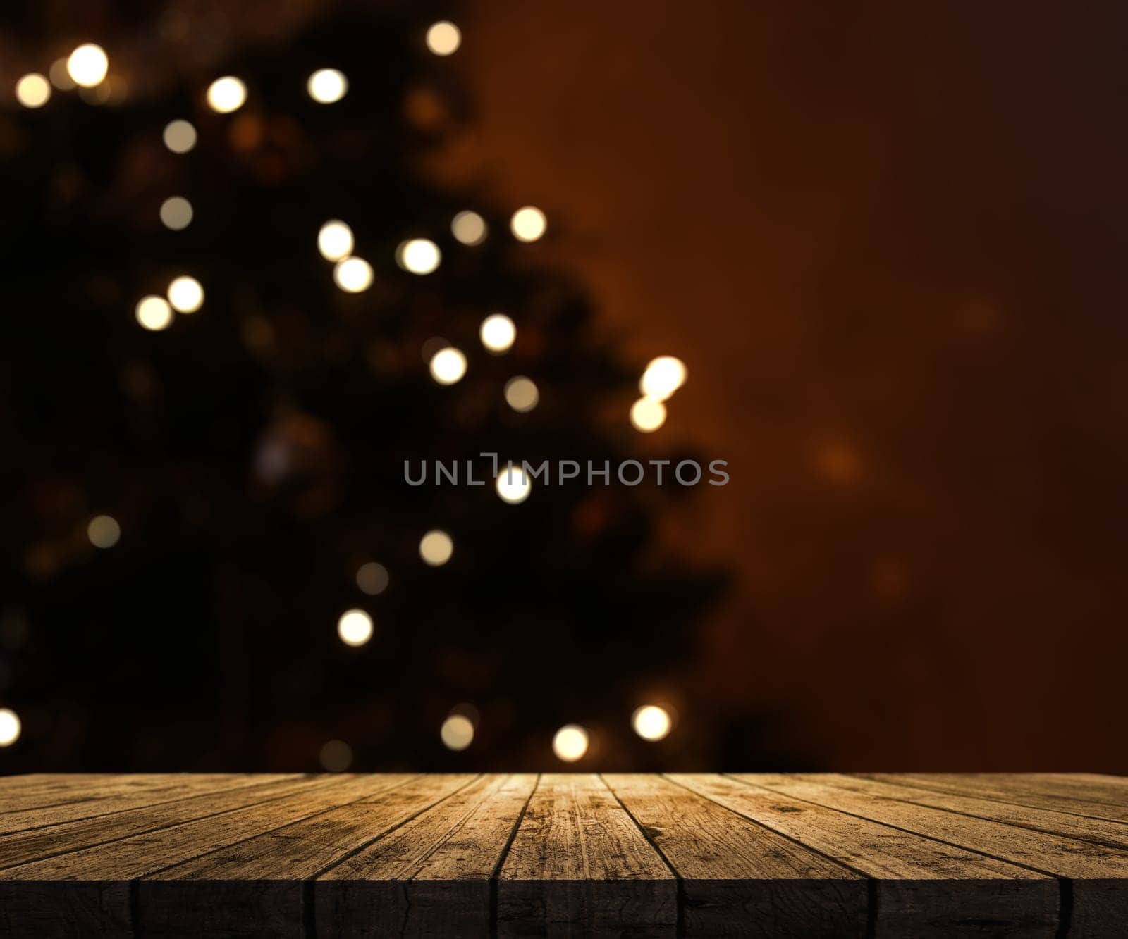 3D render of a wooden table looking out to a defocussed Christmas tree