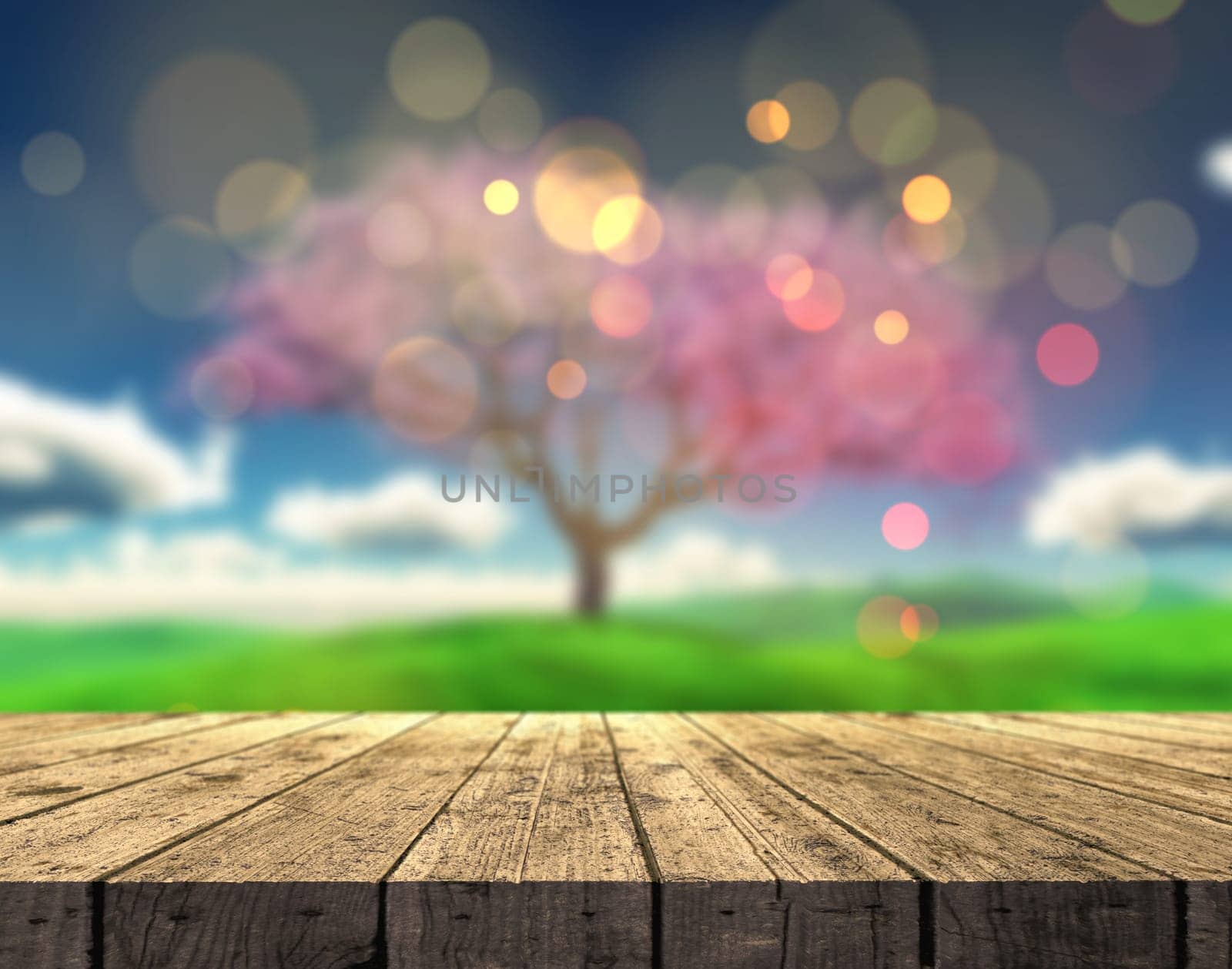 3D render of a wooden table looking out to a defocussed summer landscape with Cherry tree