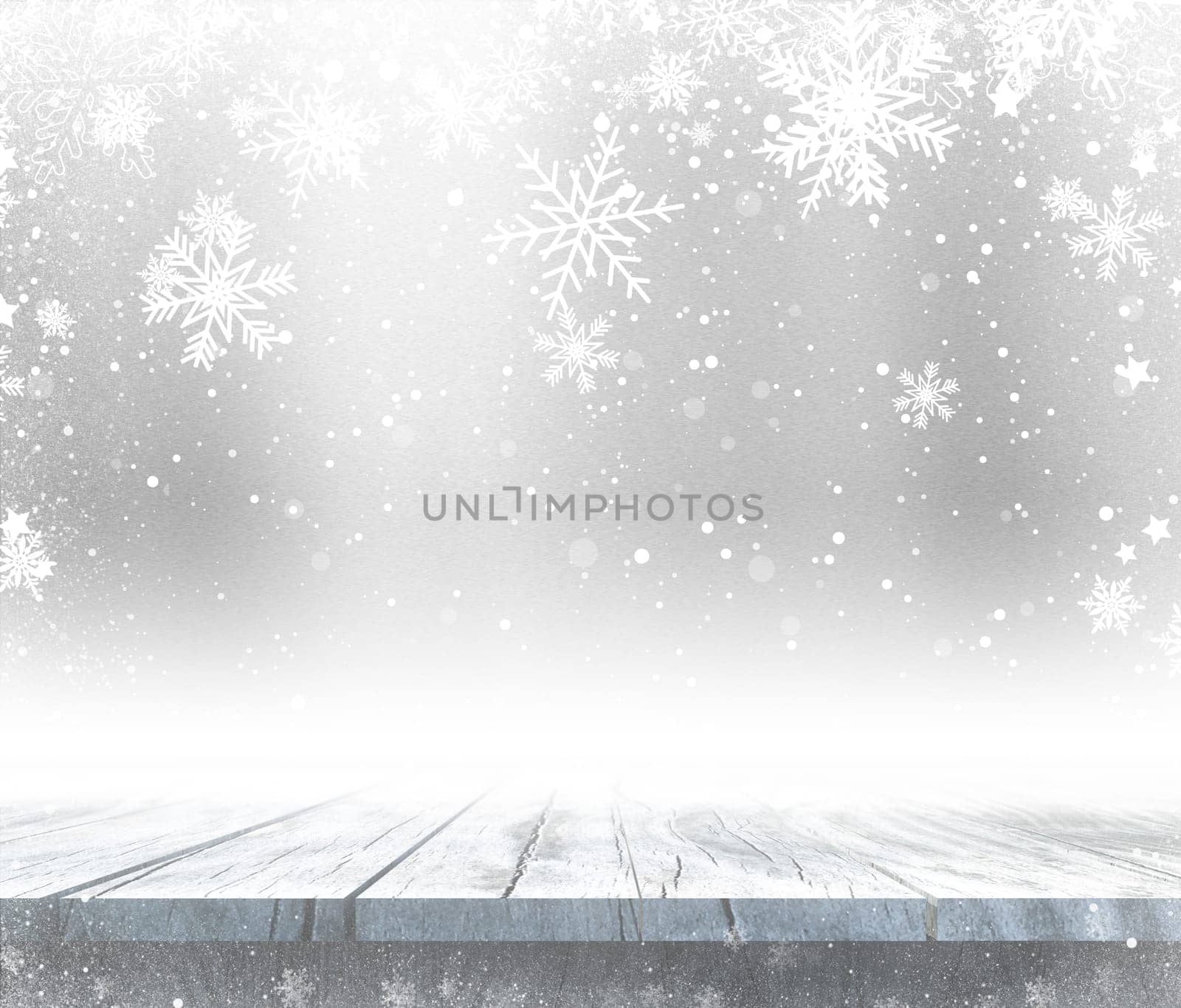 3D render of a wooden table with Christmas snowy background