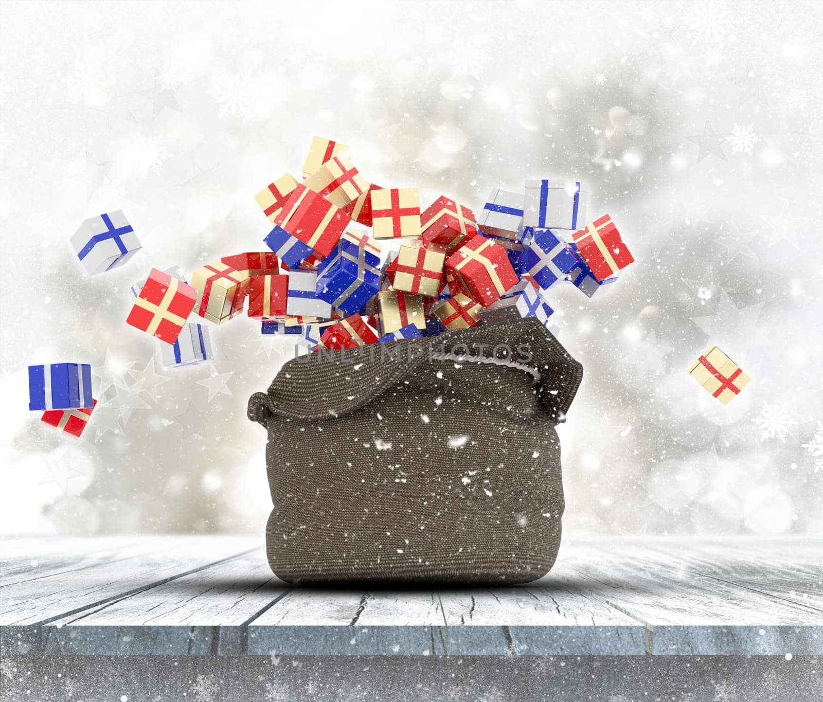 3D render of a wooden table with Christmas sack full of gifts