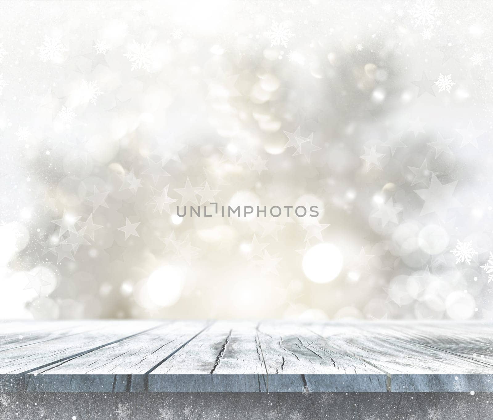 3D render of a wooden table with Christmas background