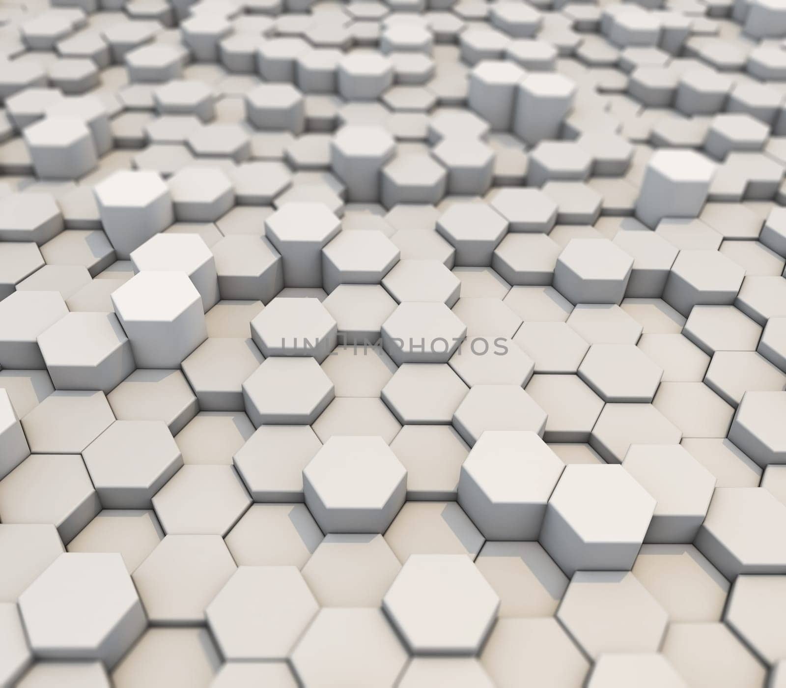 3D render of an abstract background of extruding white hexagons with shallow depth of field