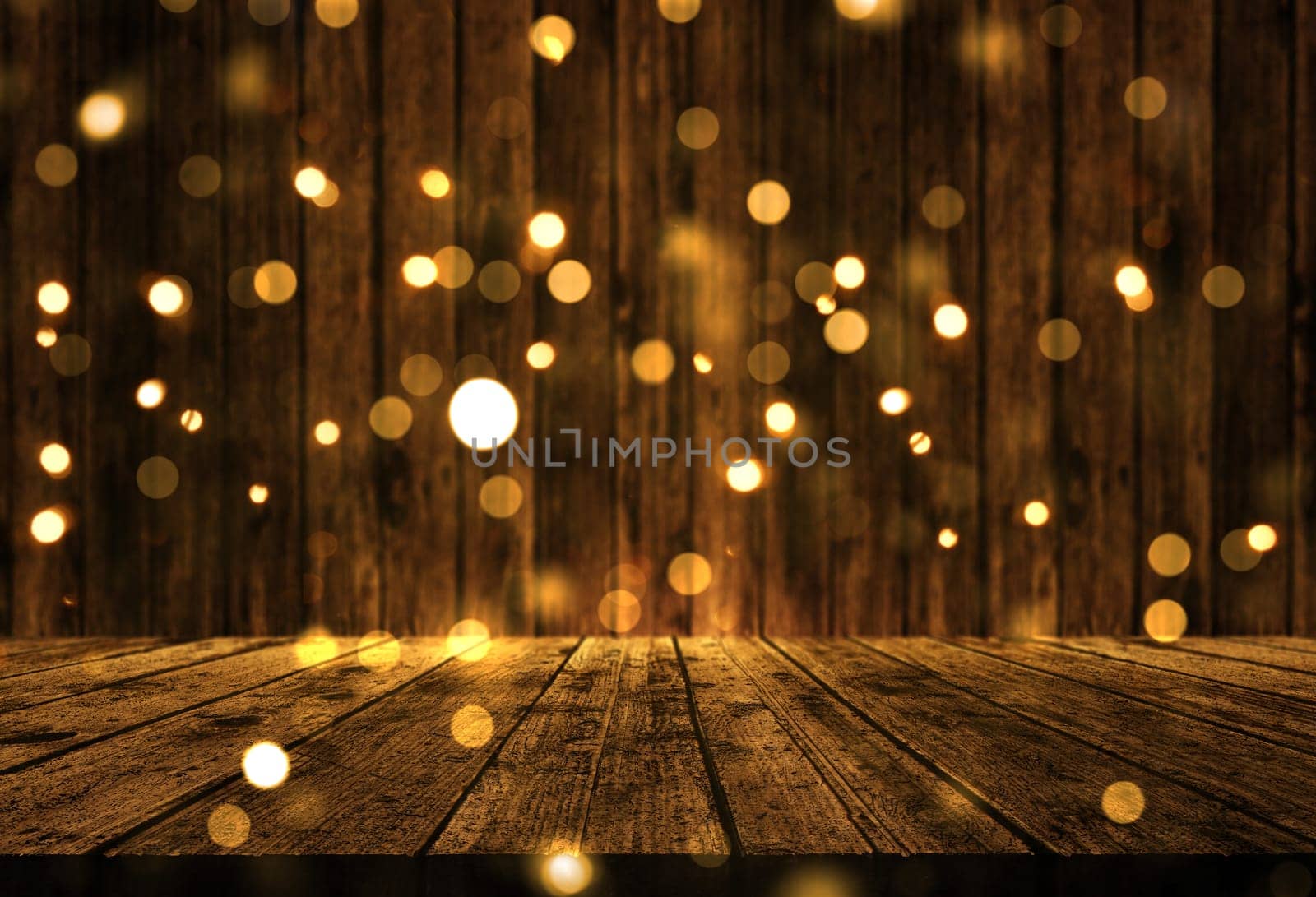 3D render of a wooden table with Christmas bokeh lights