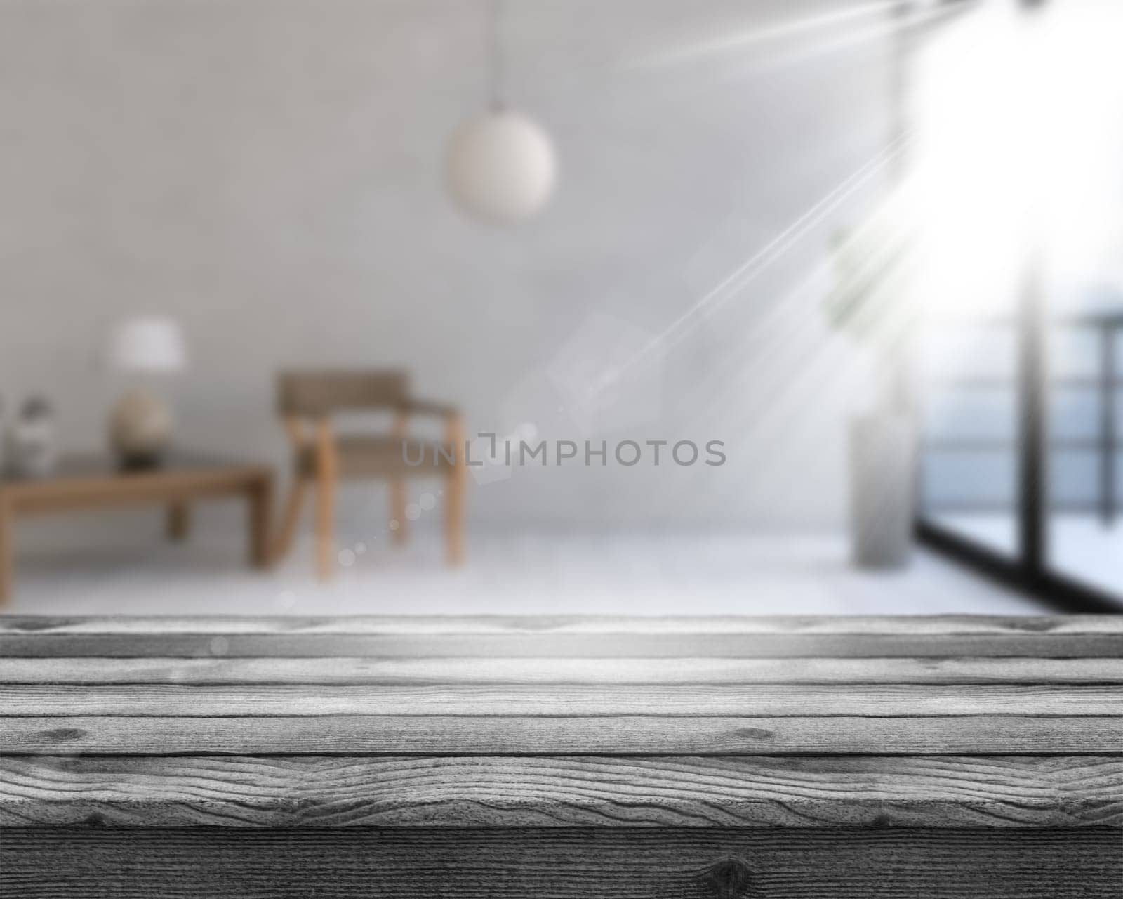 3D render of a wooden table looking out to a defocussed room interior with the sun shining through the window