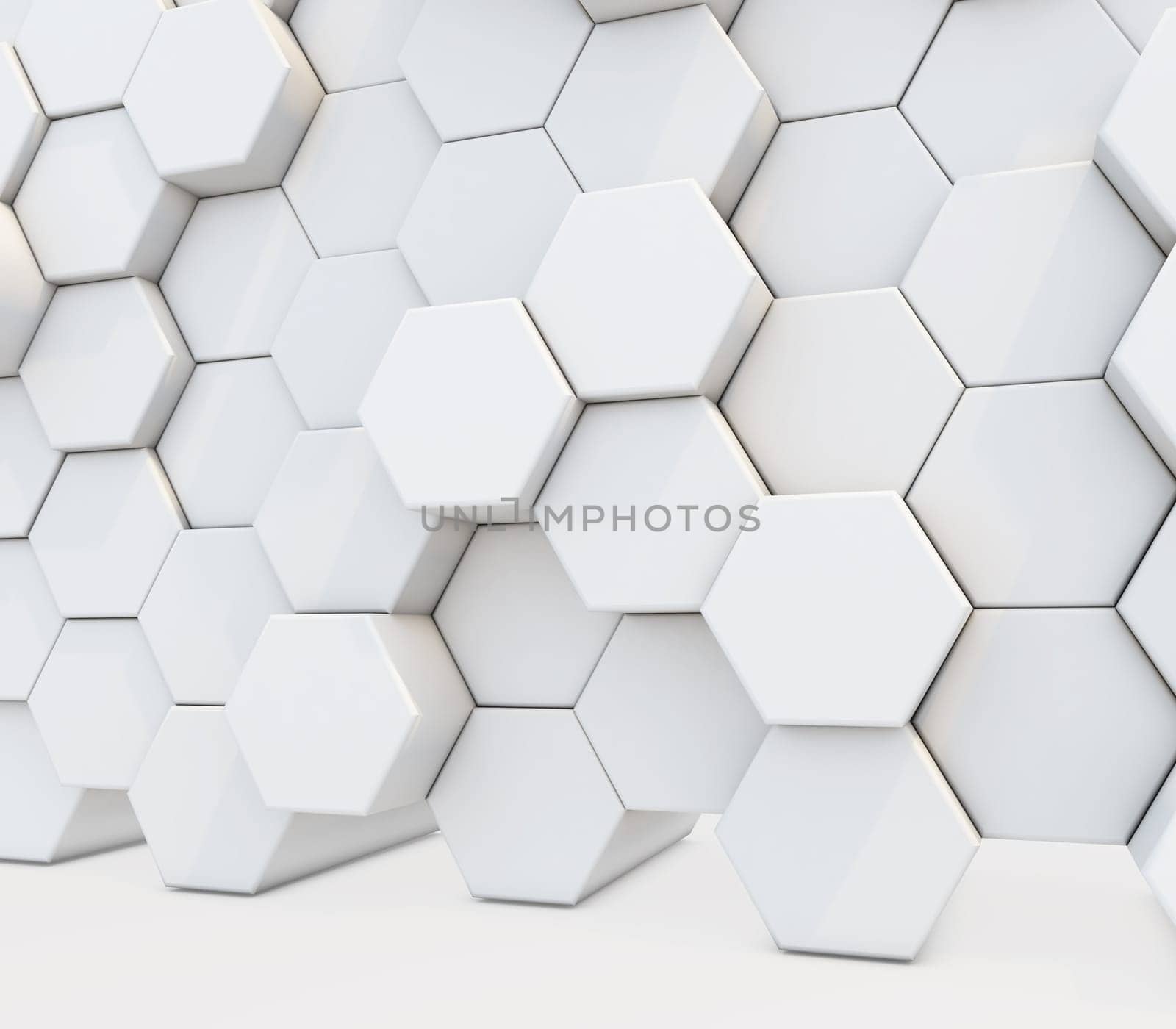 3D render of an abstract background with a wall of extruding hexagons