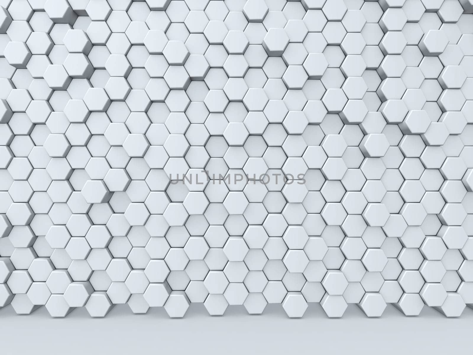 3D render of an abstract background with a wall of extruding hexagons