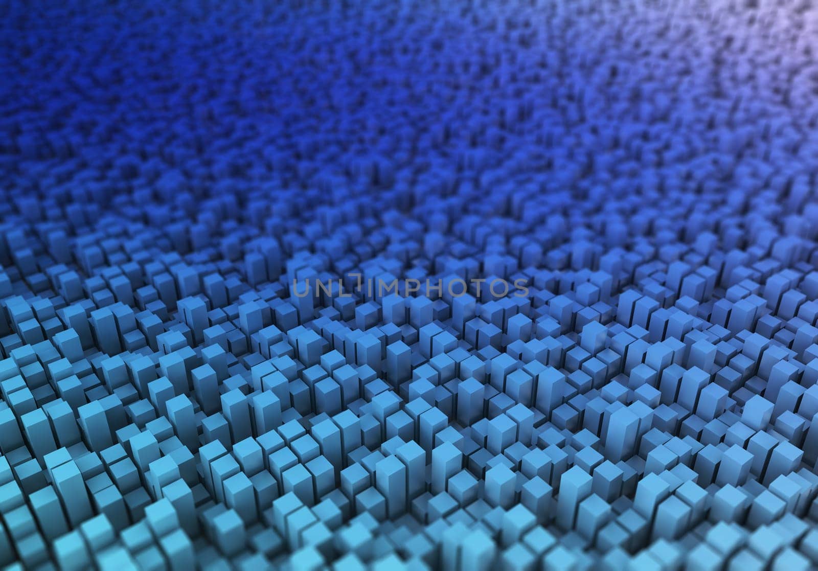 3D render of an abstract blocks landscape with shallow depth of field