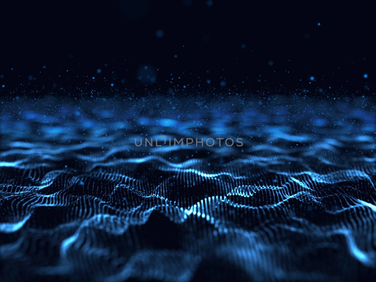 3D render of an abstract flowing particle design background with cyber dots