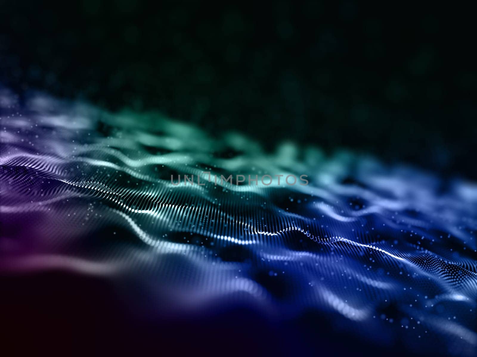 3D render of an abstract digital particle waves design background