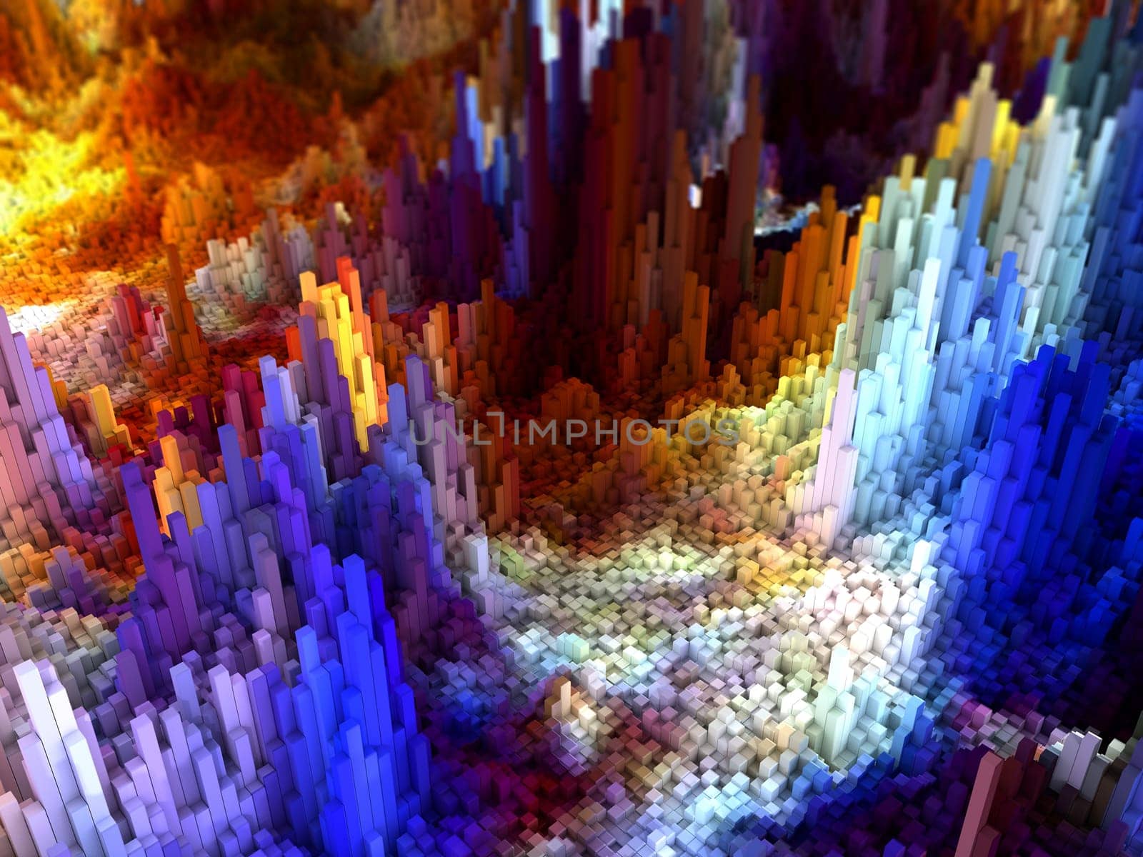 3D render of an abstract landscape of colourful extruding cubes