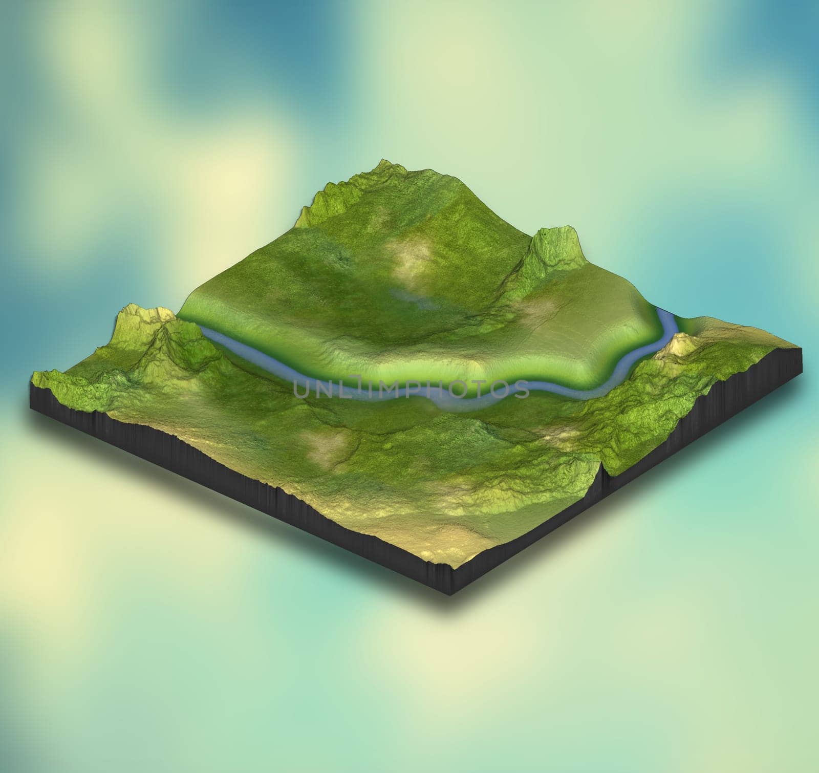 3D render of an abstract isometric landscape design on gradient background