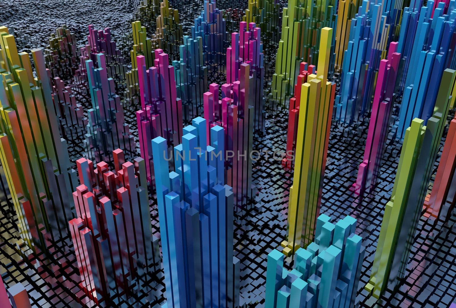3D render of an abstract landscape of shiny cubes
