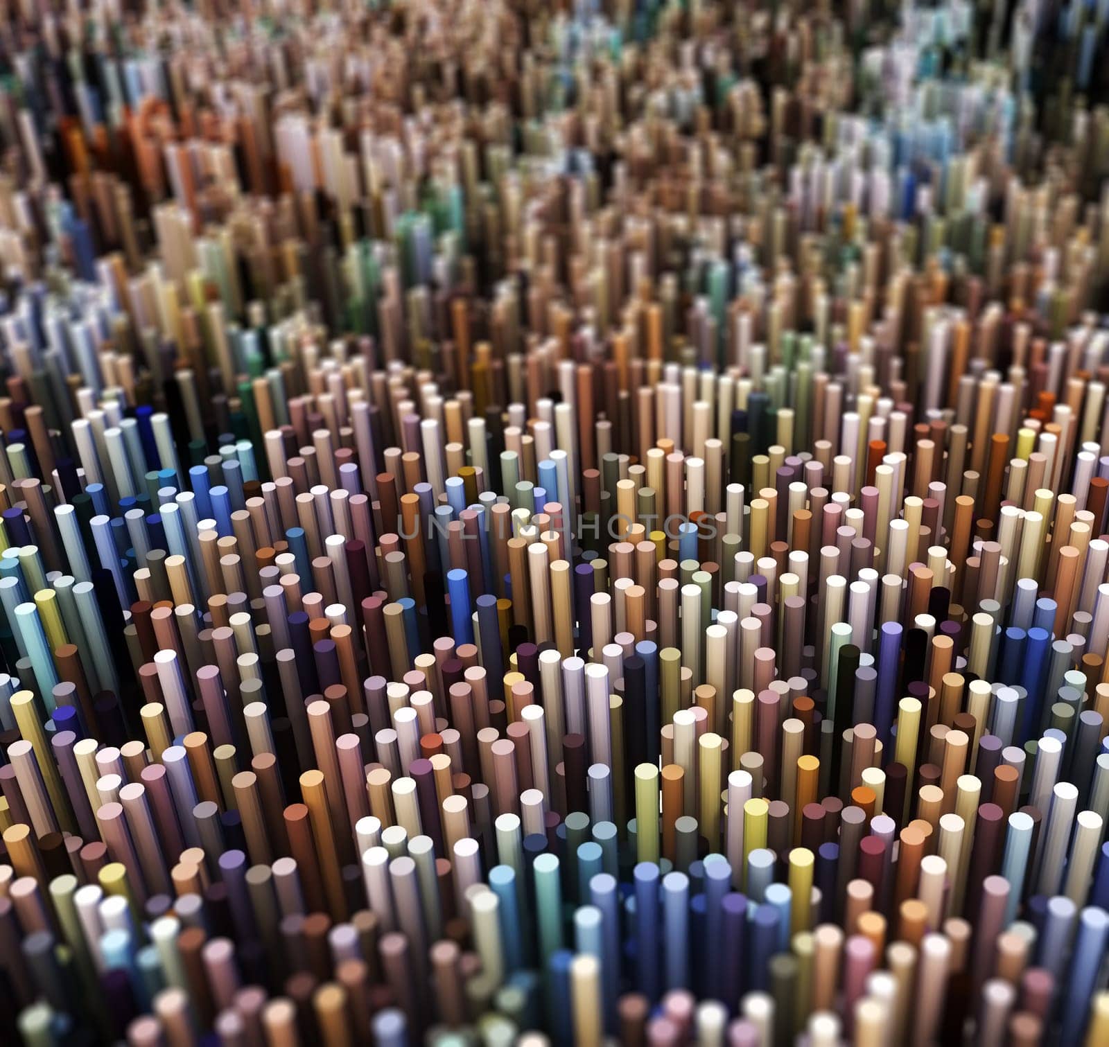 3D render of an abstract landscape of extruding spheres with shallow depth of field