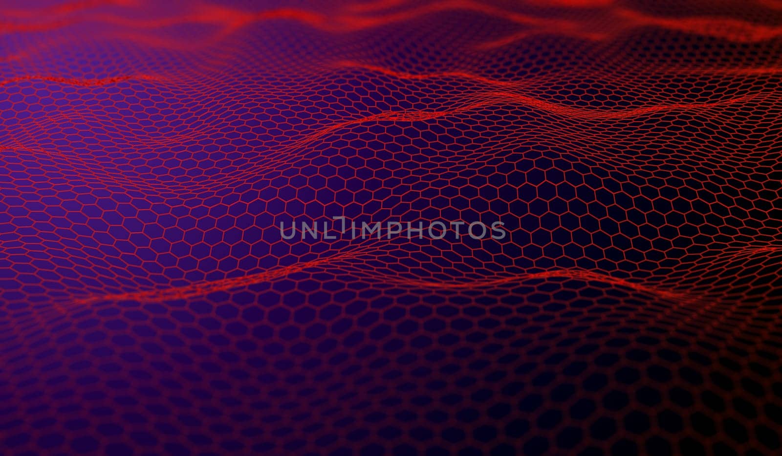 3D render of an abstract digital landscape with connecting hexagons