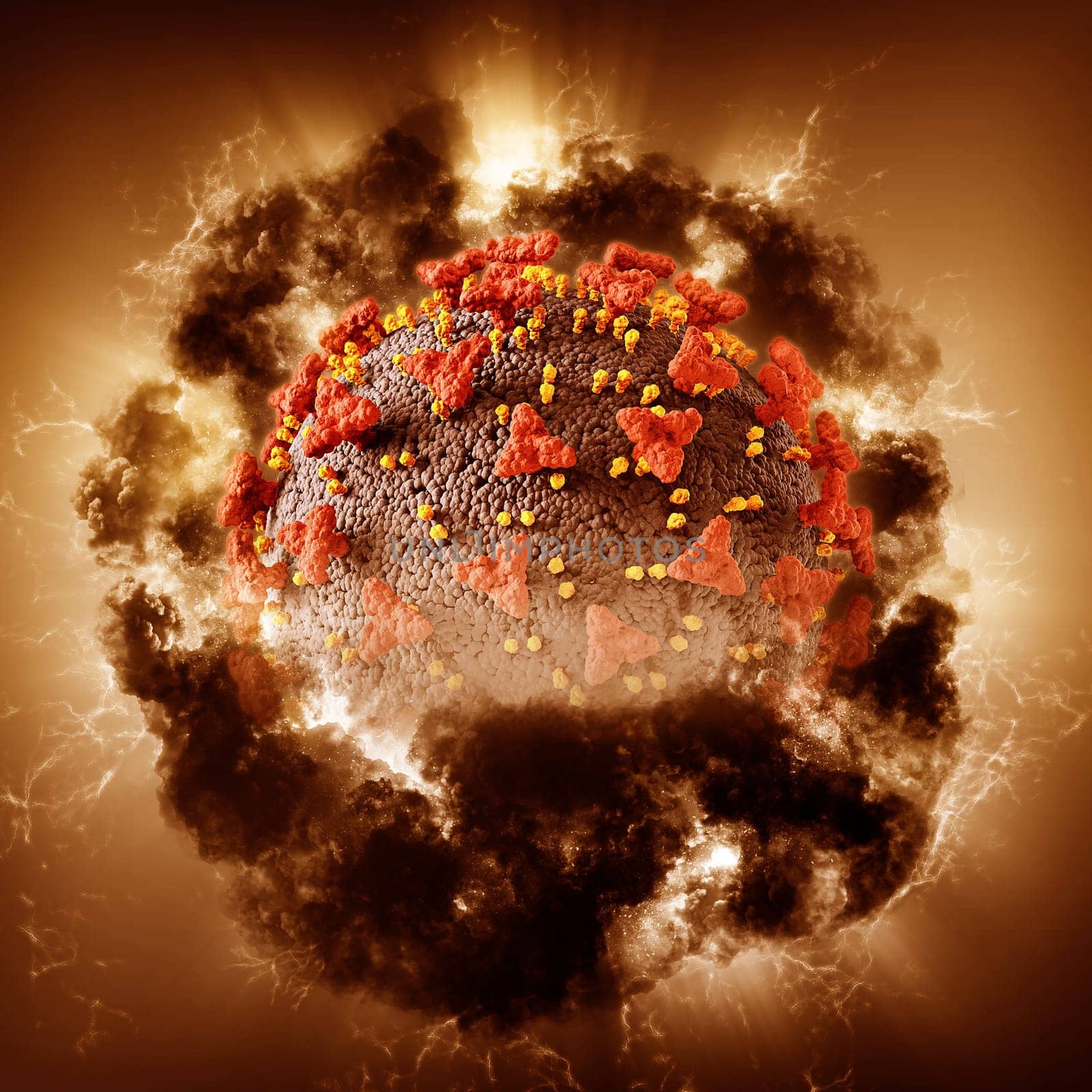 3D render of an abstract medical background with Covid 19 virus cell with storm effect