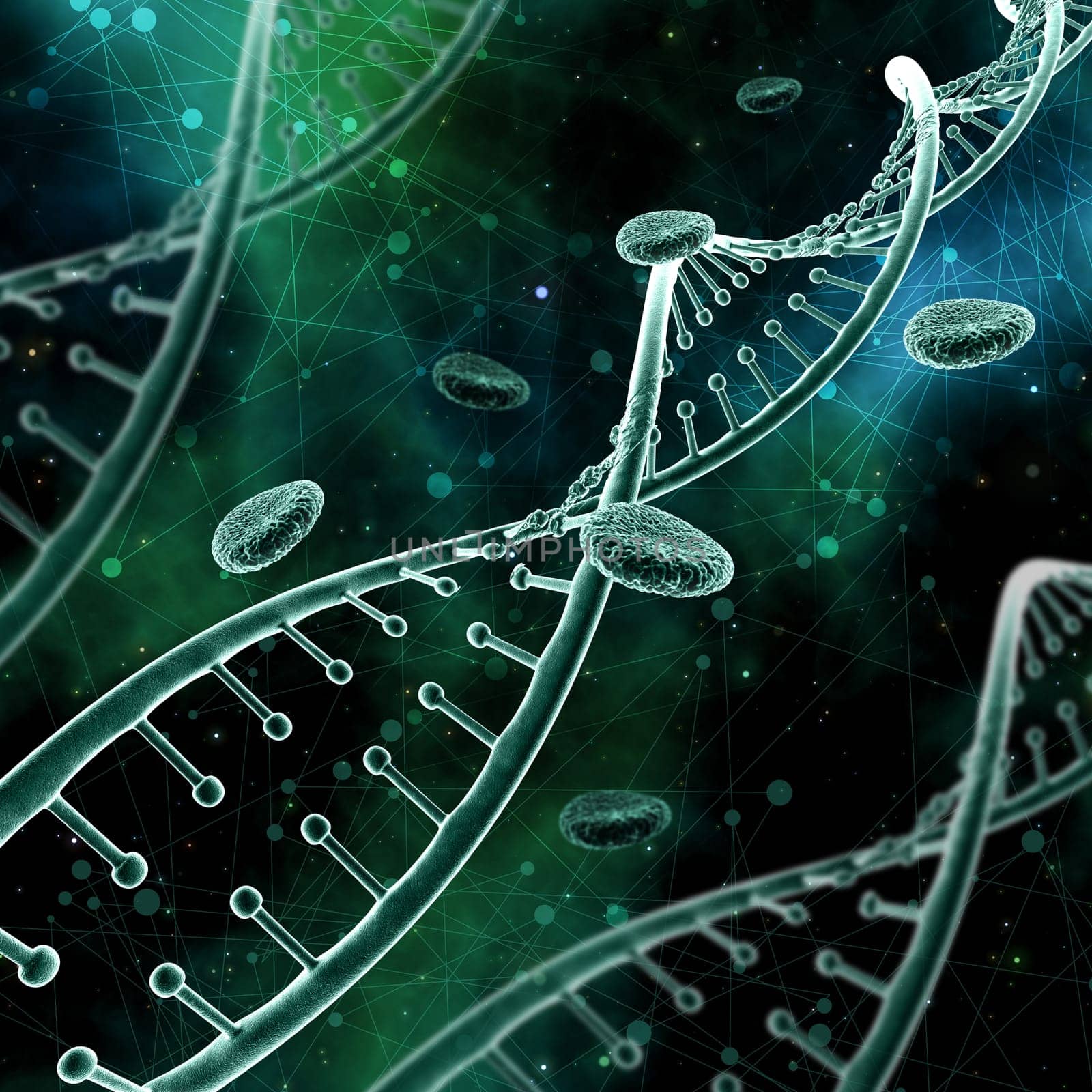 3D render of an abstract medical background with DNA strands on a low poly background