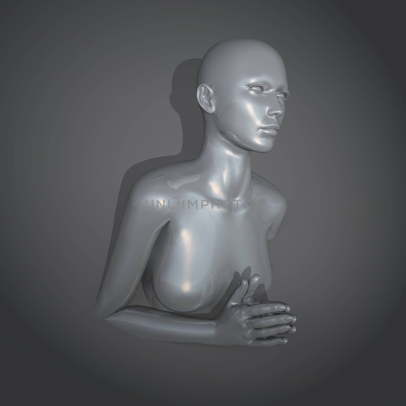 3D render of an abstract modern art background with silver female figure with hands in praying position