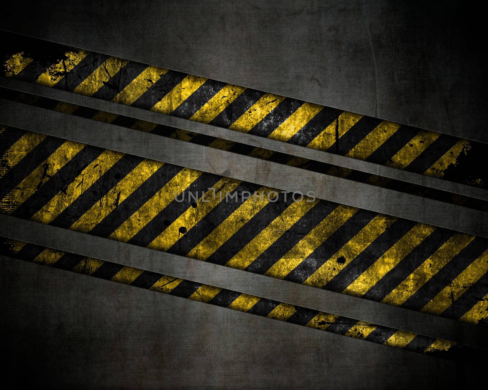 3D render of an abstract metallic texture background with yellow and black striped grunge design