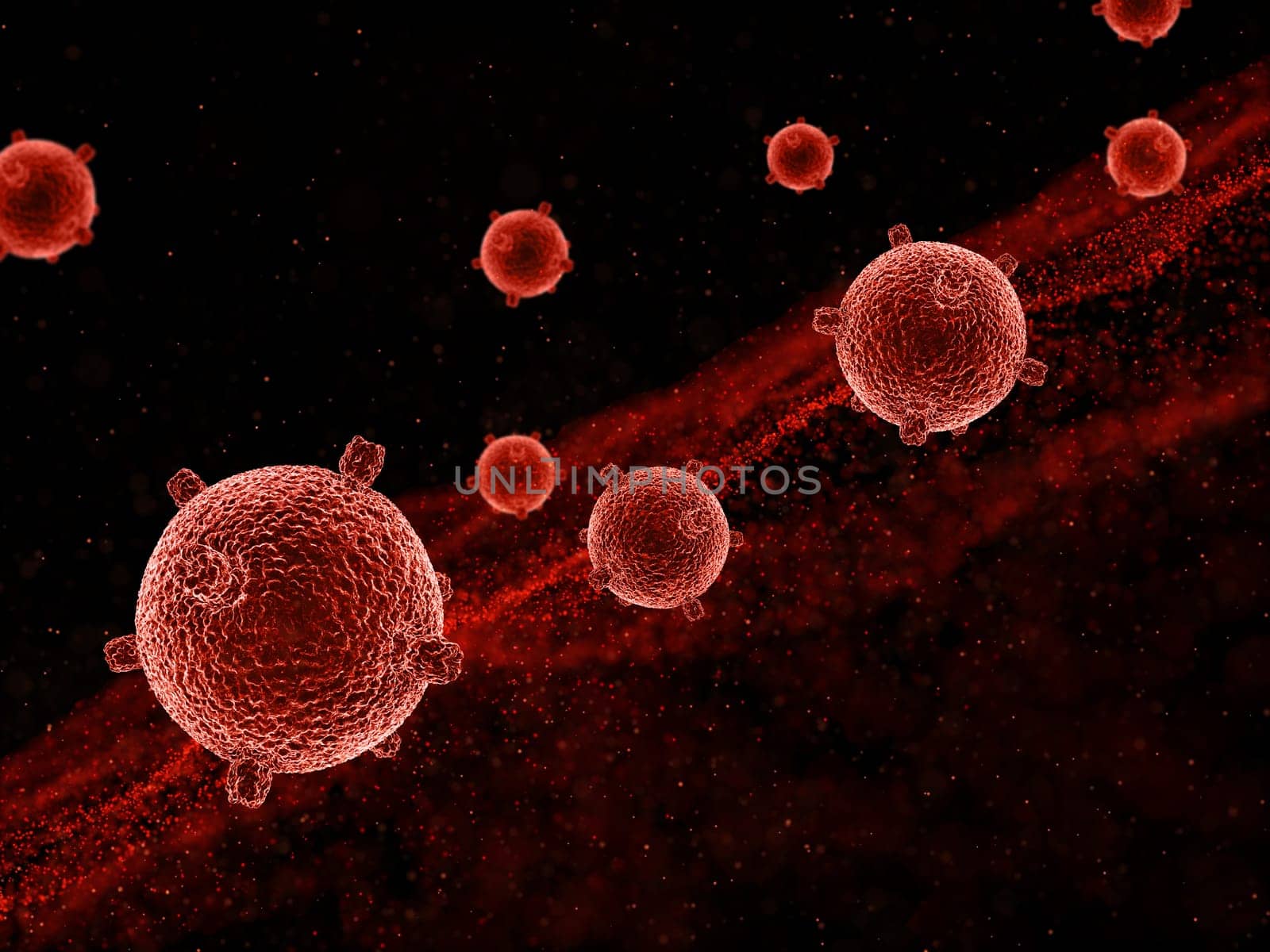 3D render of an abstract medical background with virus cells and floating particles