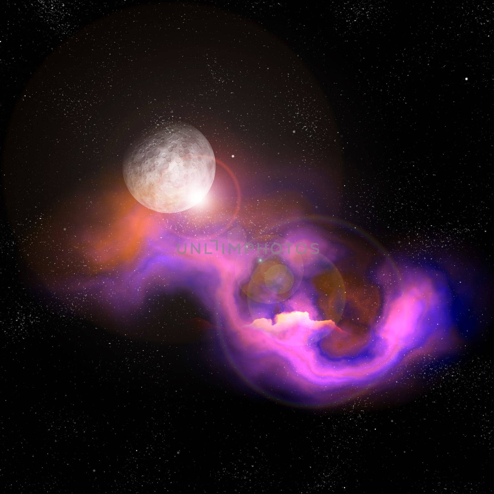 3D render of an abstract space scene with nebula and fictional moon