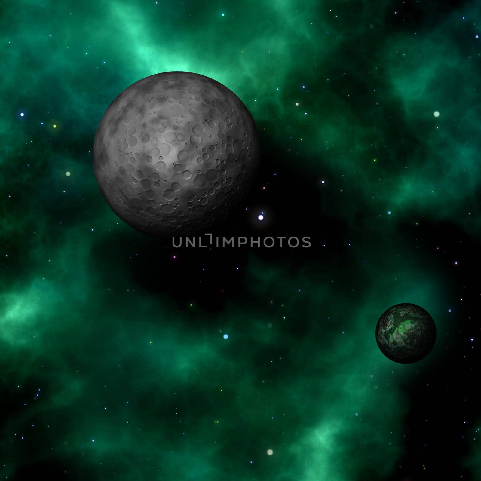 3D render of an abstract space scene with fictional planets in a nebula sky