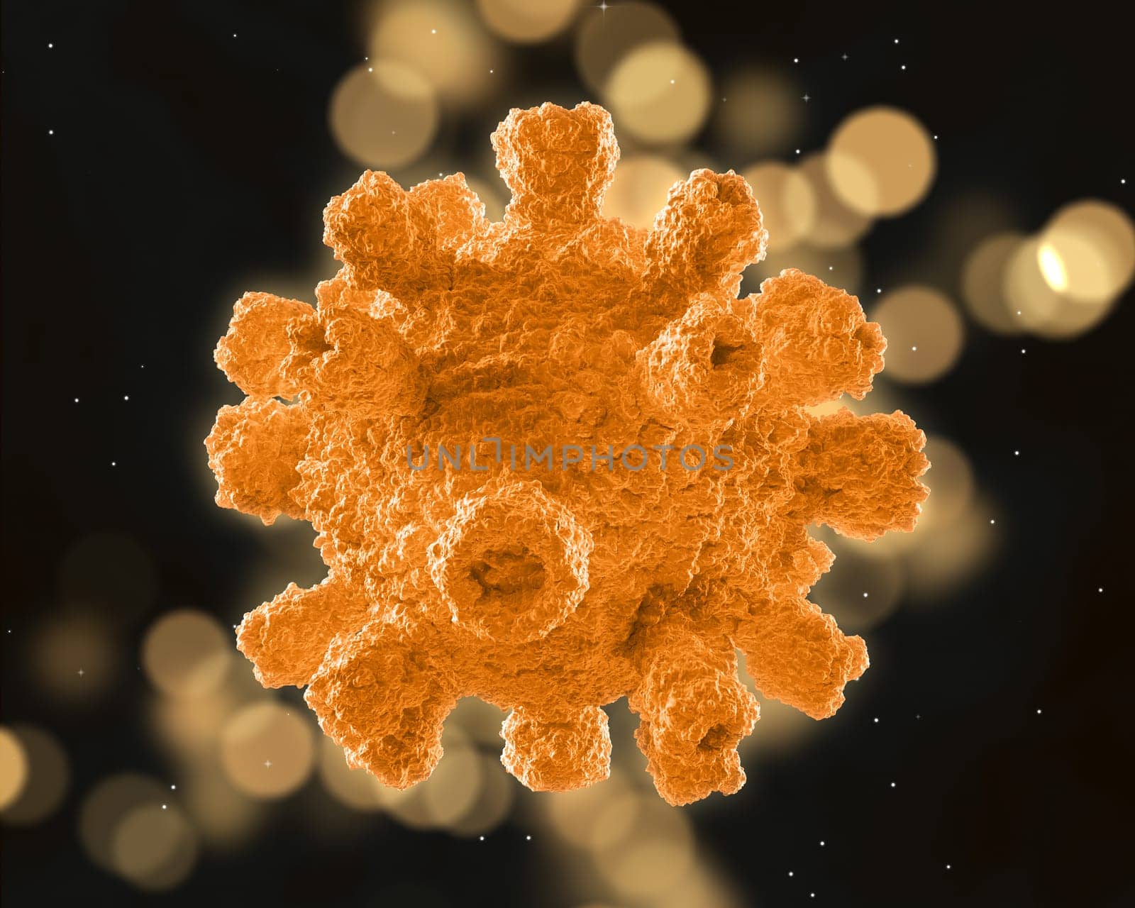 3D render of an abstract virus cell on a bokeh lights background