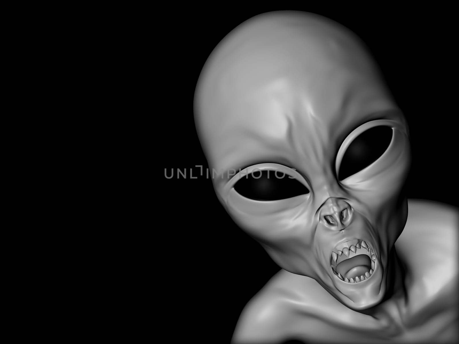 3D render of an evil alien on black background