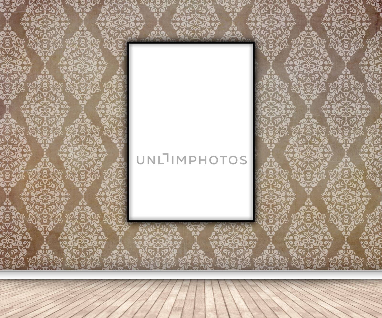 3D render of an interior with blank picture hanging on damask wallpaper