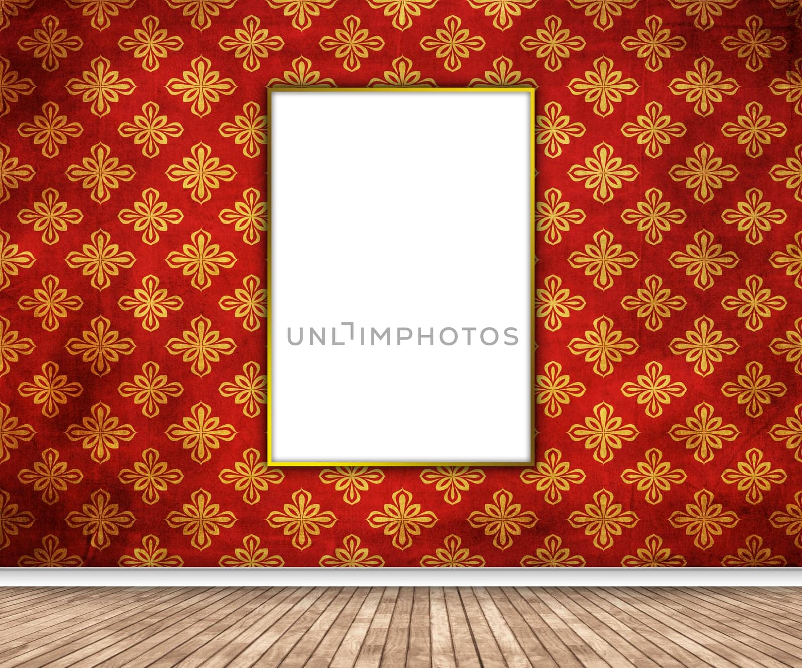 3D render of an interior with blank picture hanging on damask wallpaper
