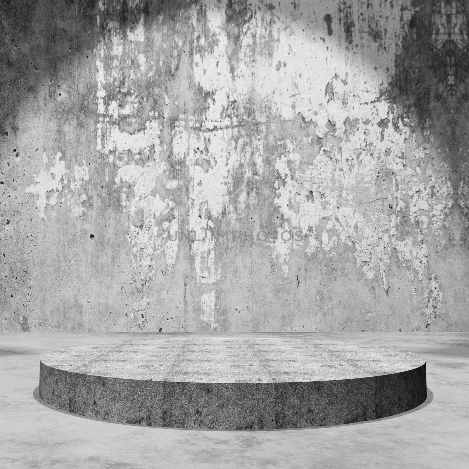 3D render of an empty display podium in grunge concrete room