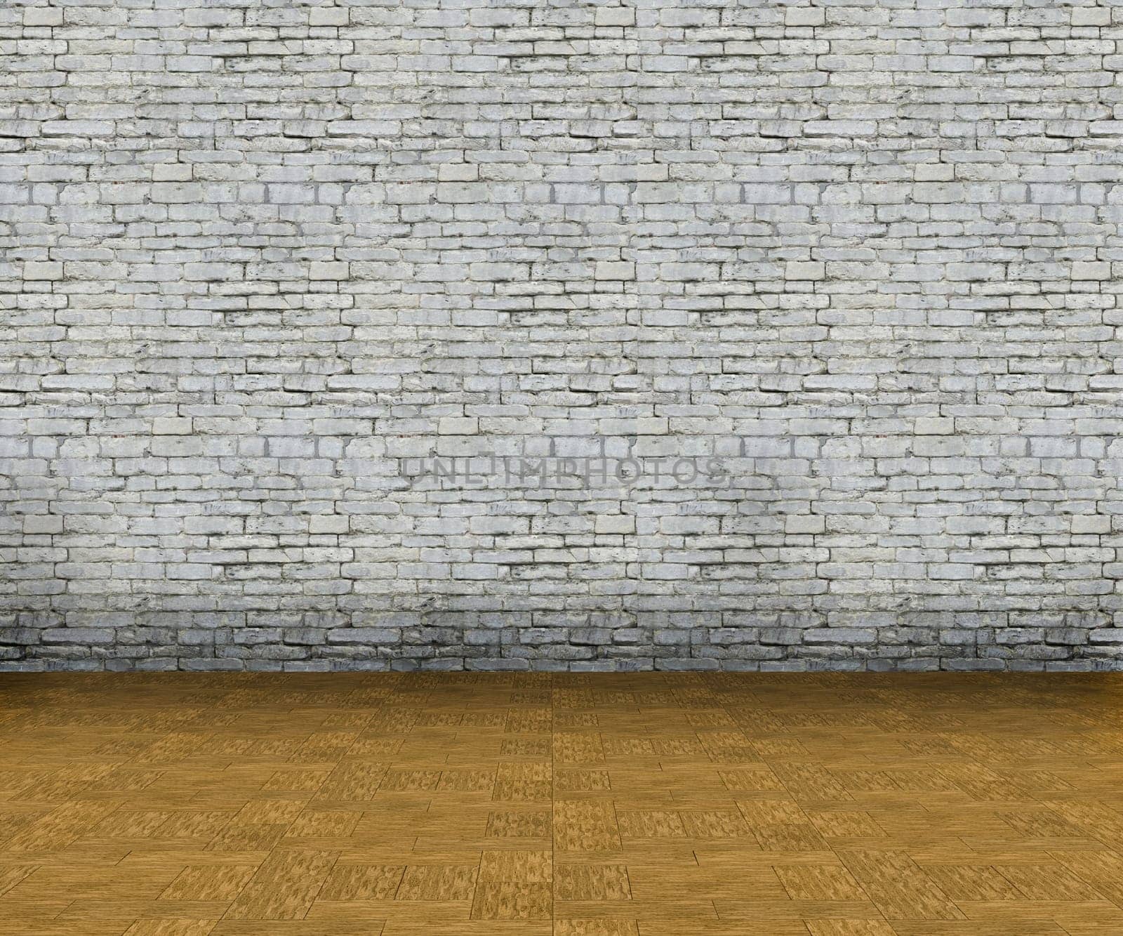 3D render of an empty interior with brick wall and wooden floor