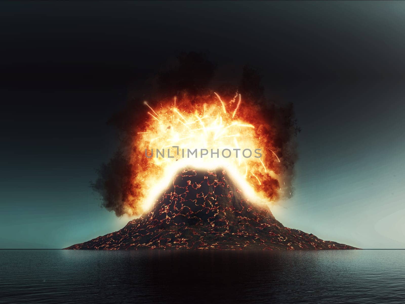 3D render of an exploding volcano