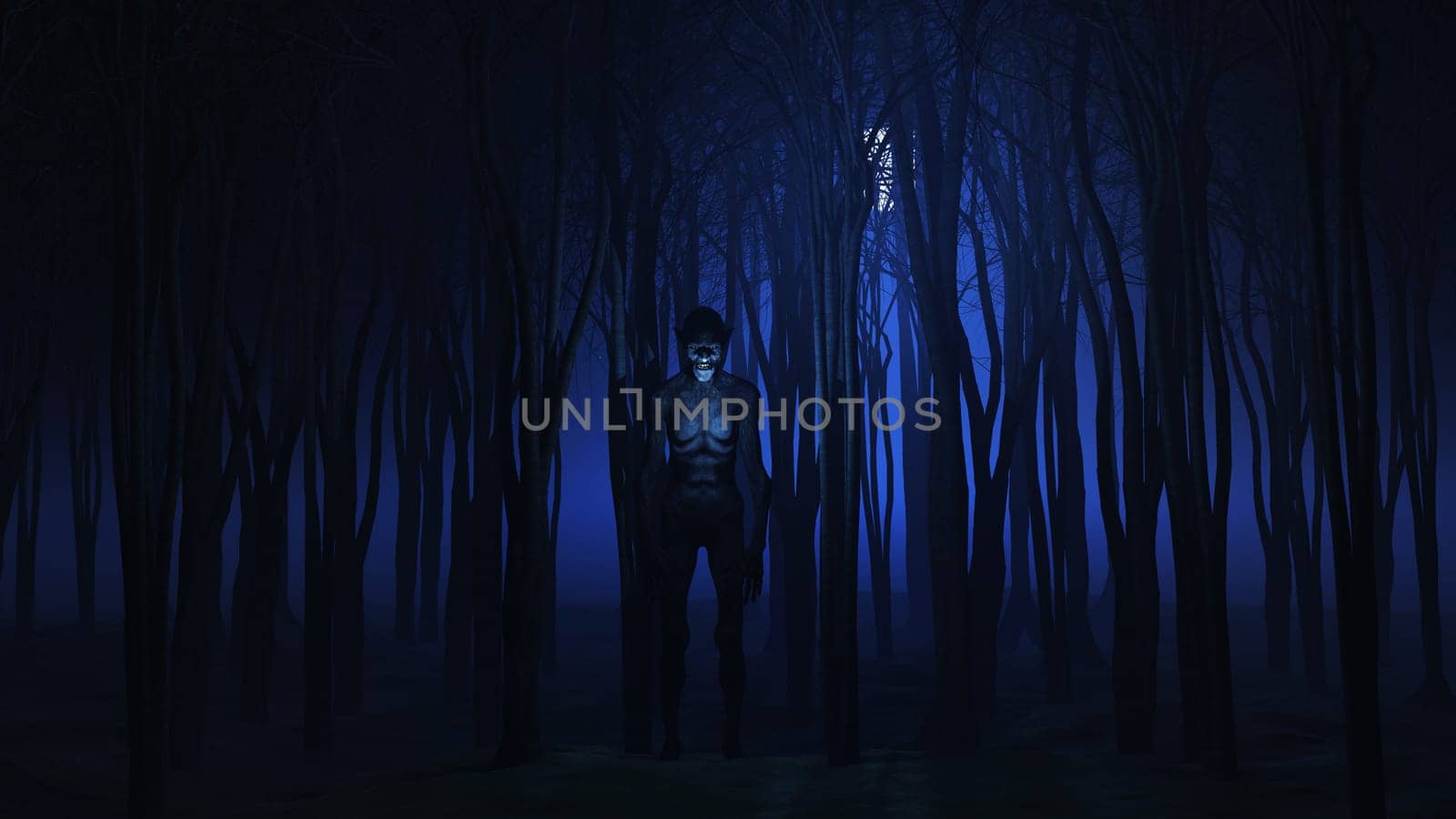3D render of an evil creature in the woods at night