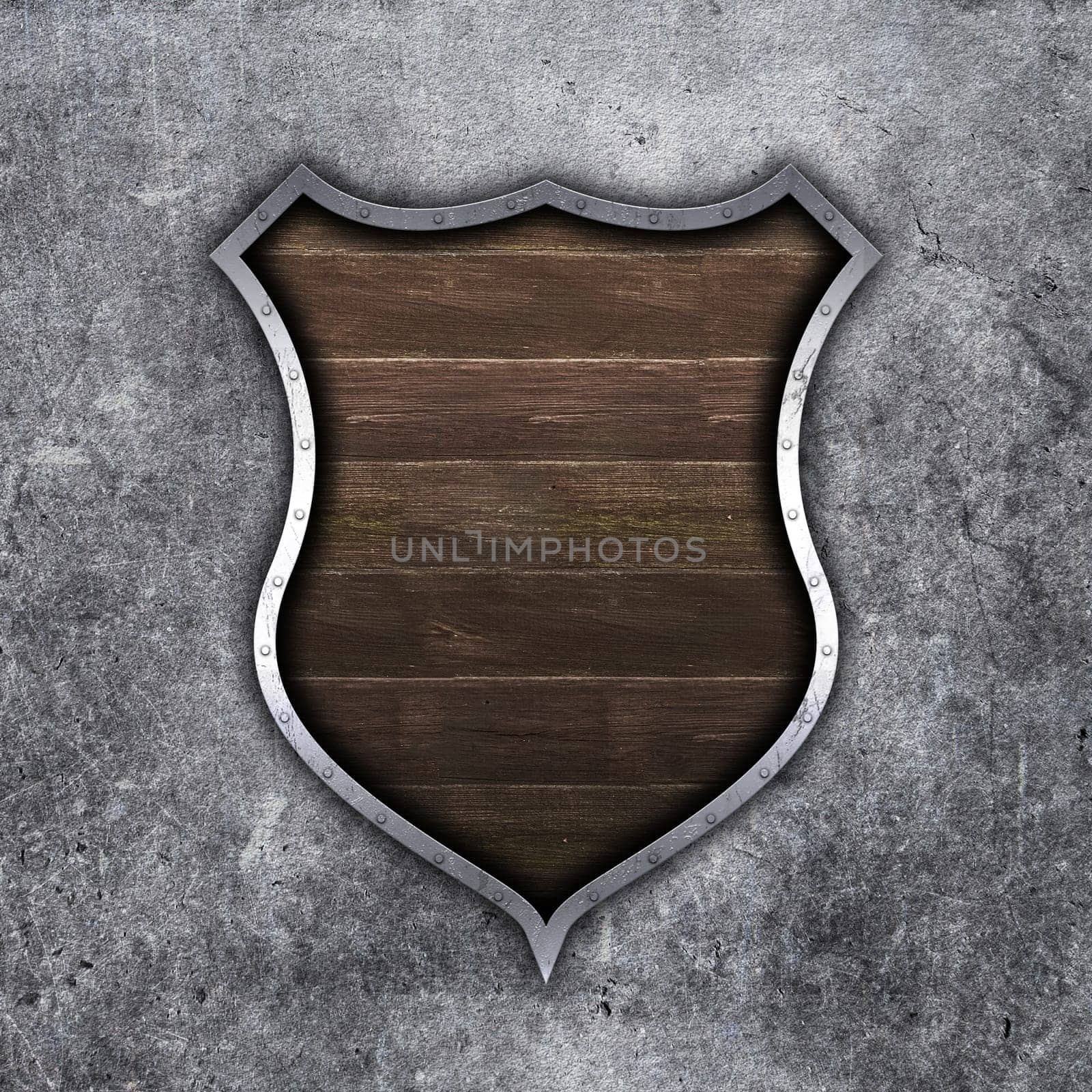3D render of an old metal and wood shield on grunge concrete background
