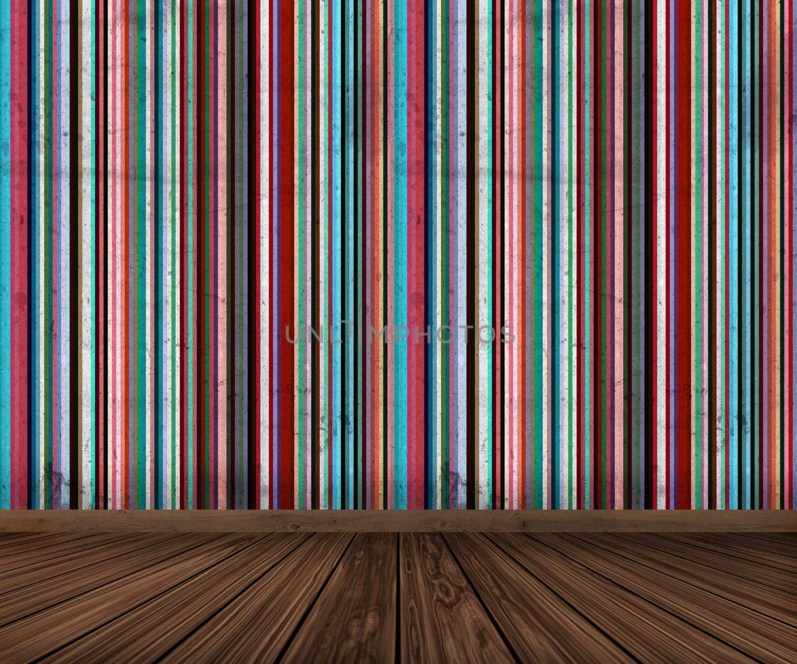 3D render of an interior with grunge striped wallpaper and wooden floor