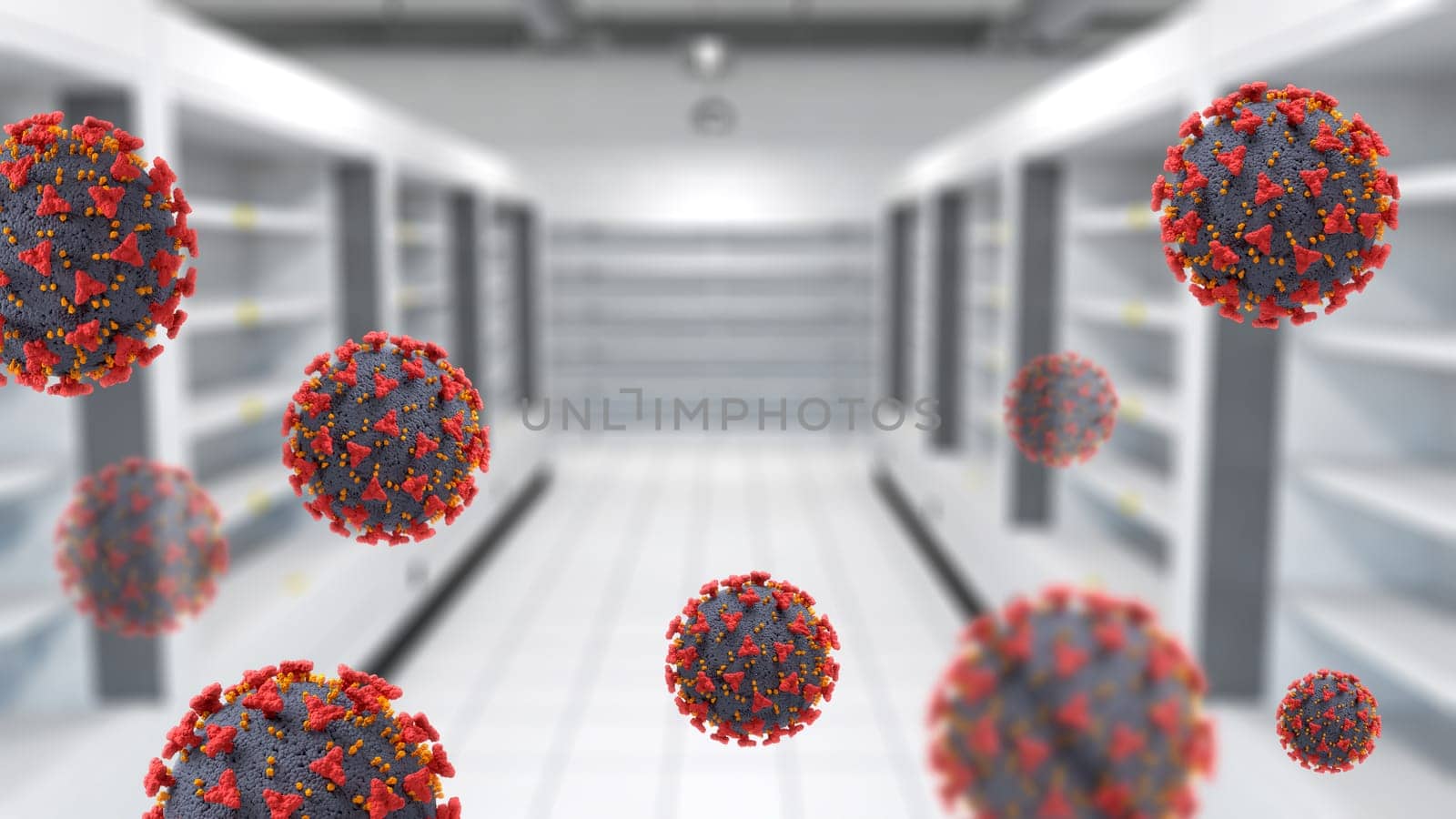3D render of an interior of a supermarket with empty shelves and Covid 19 virus cells