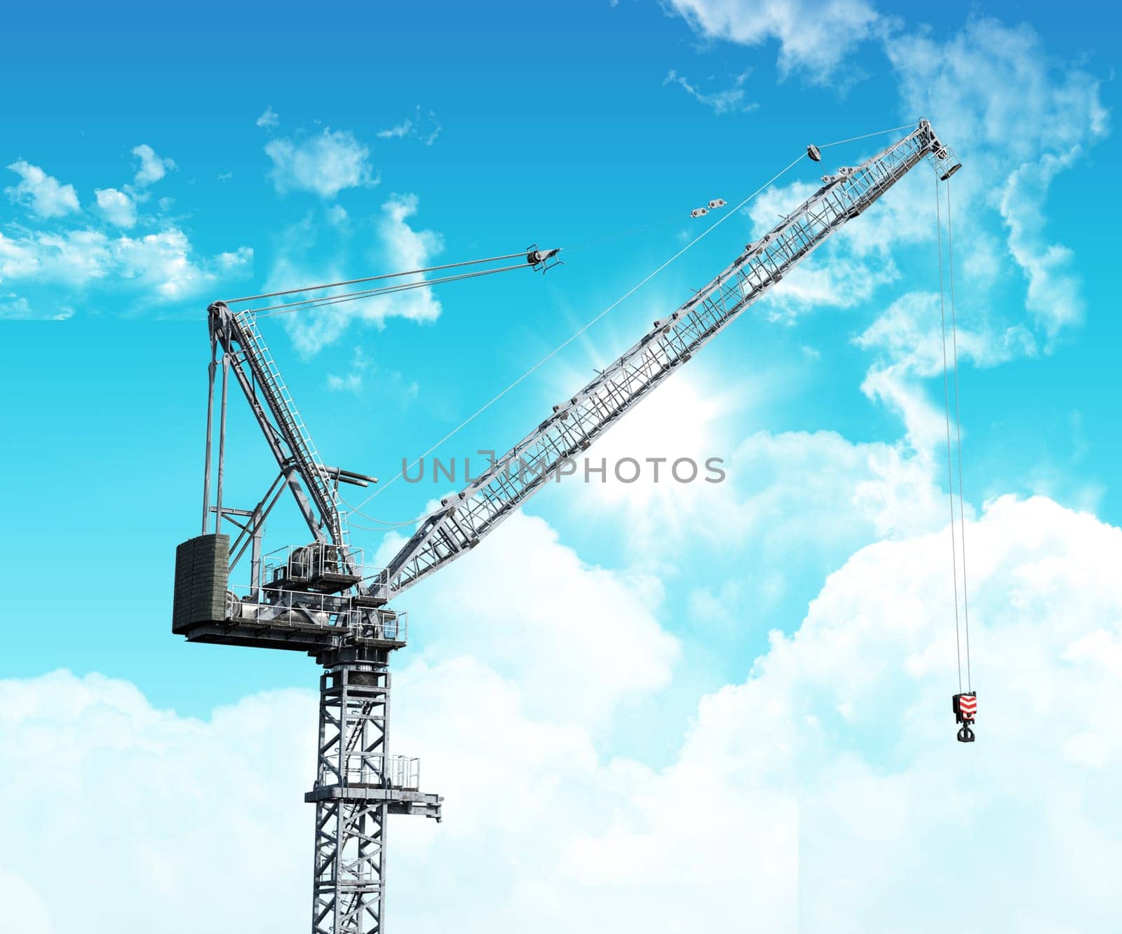 3D render of an industrial crane against a blue sky with fluffy white clouds