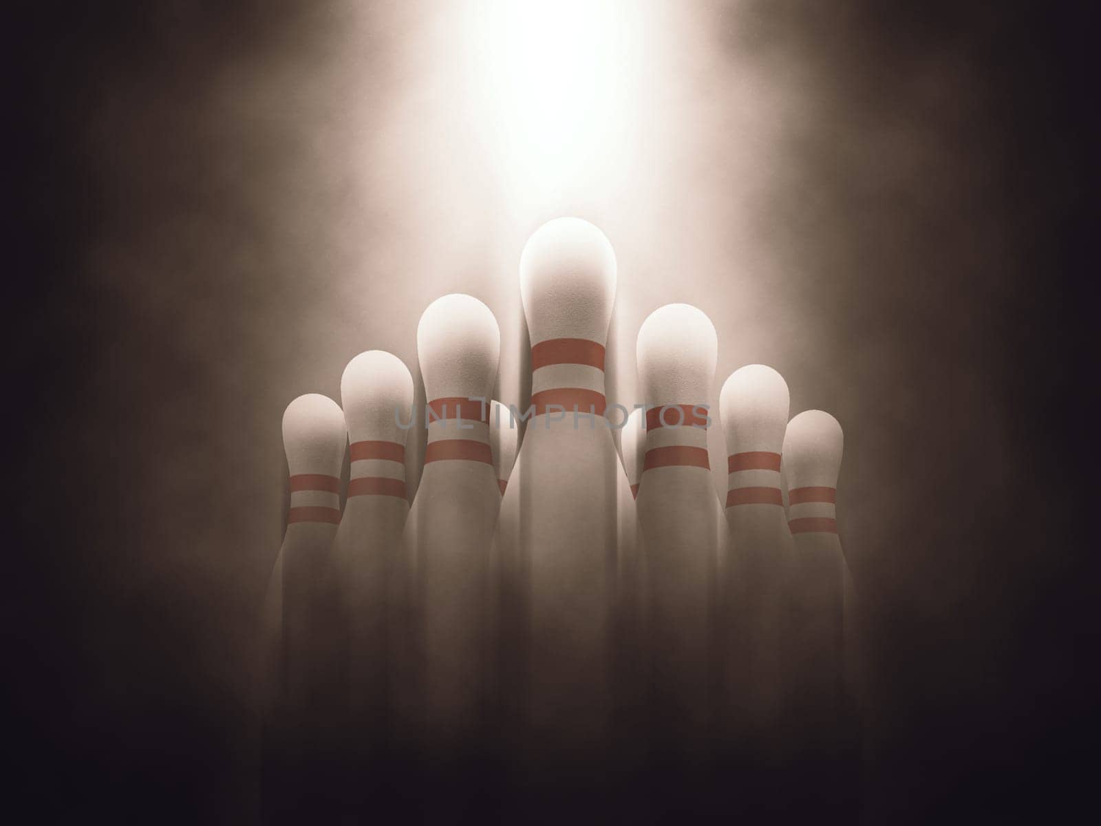 3D render of an image of ten pin bowling skittles with moody lighting