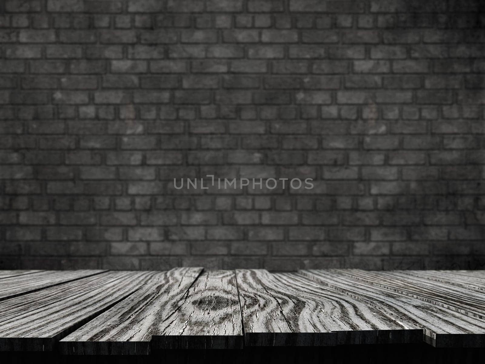 3D render of an old rustic table against a brick wall background