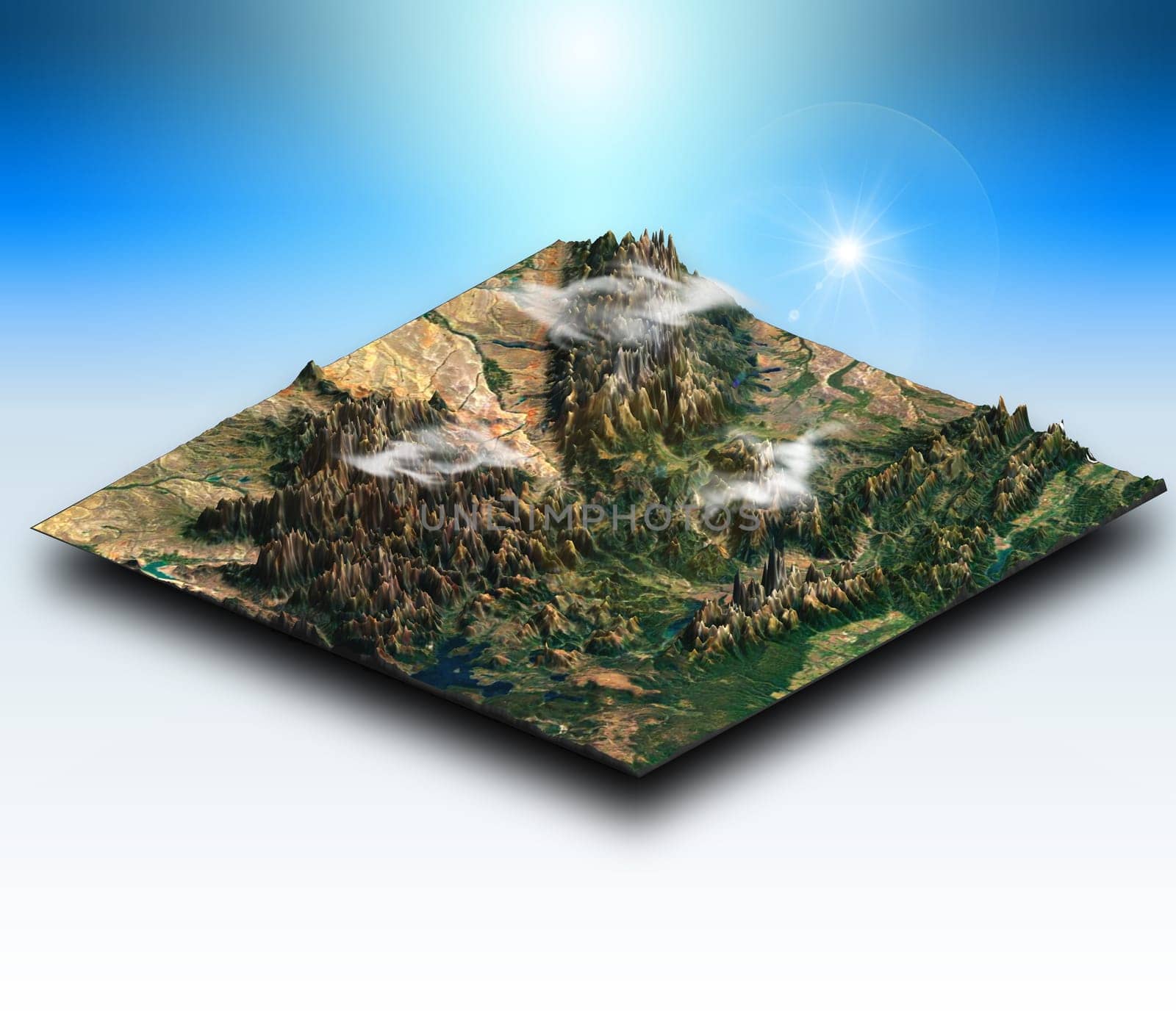 3D render of an isometric terrain of a mountainous landscape
